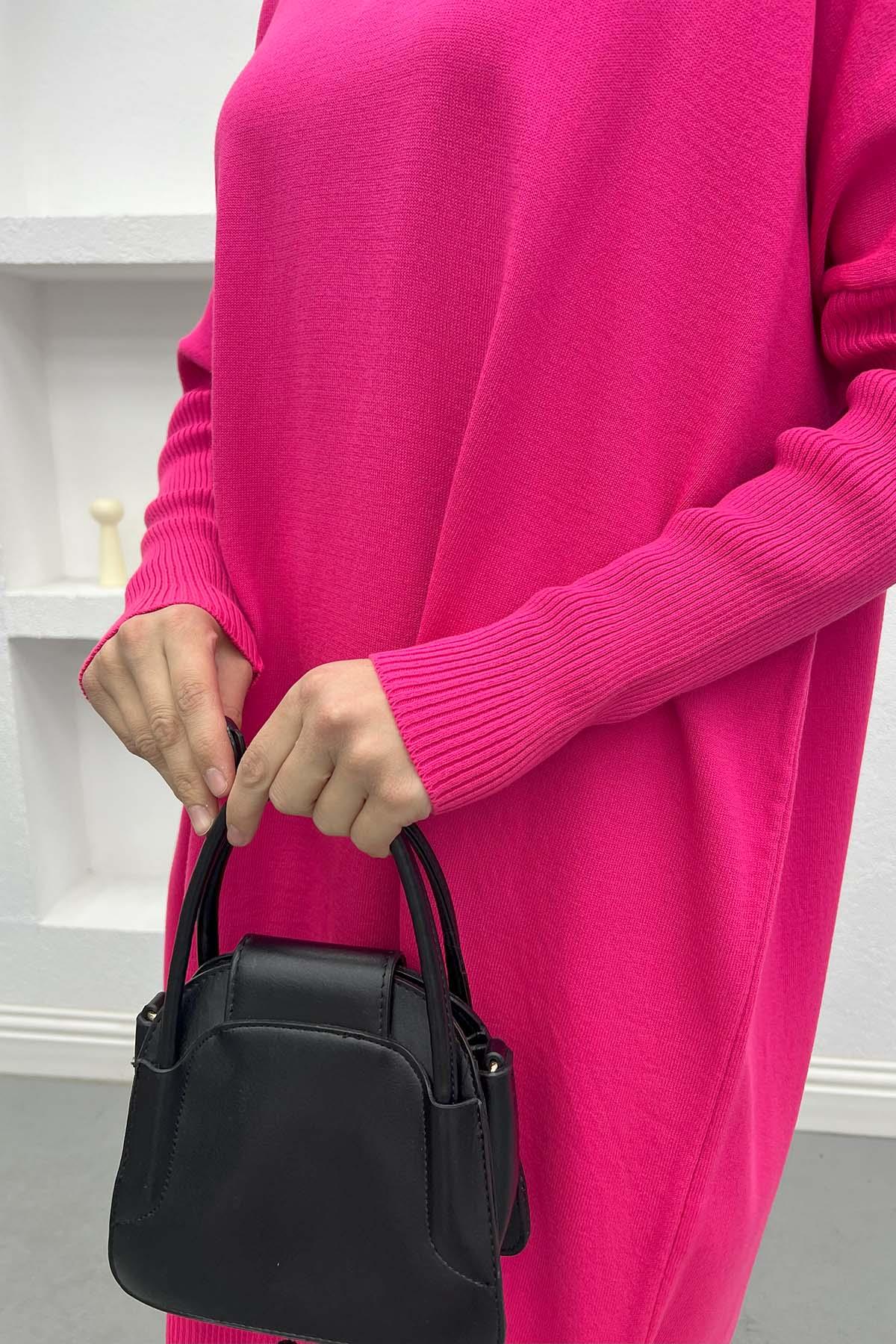 Oversize Triko Tunik Fuşya