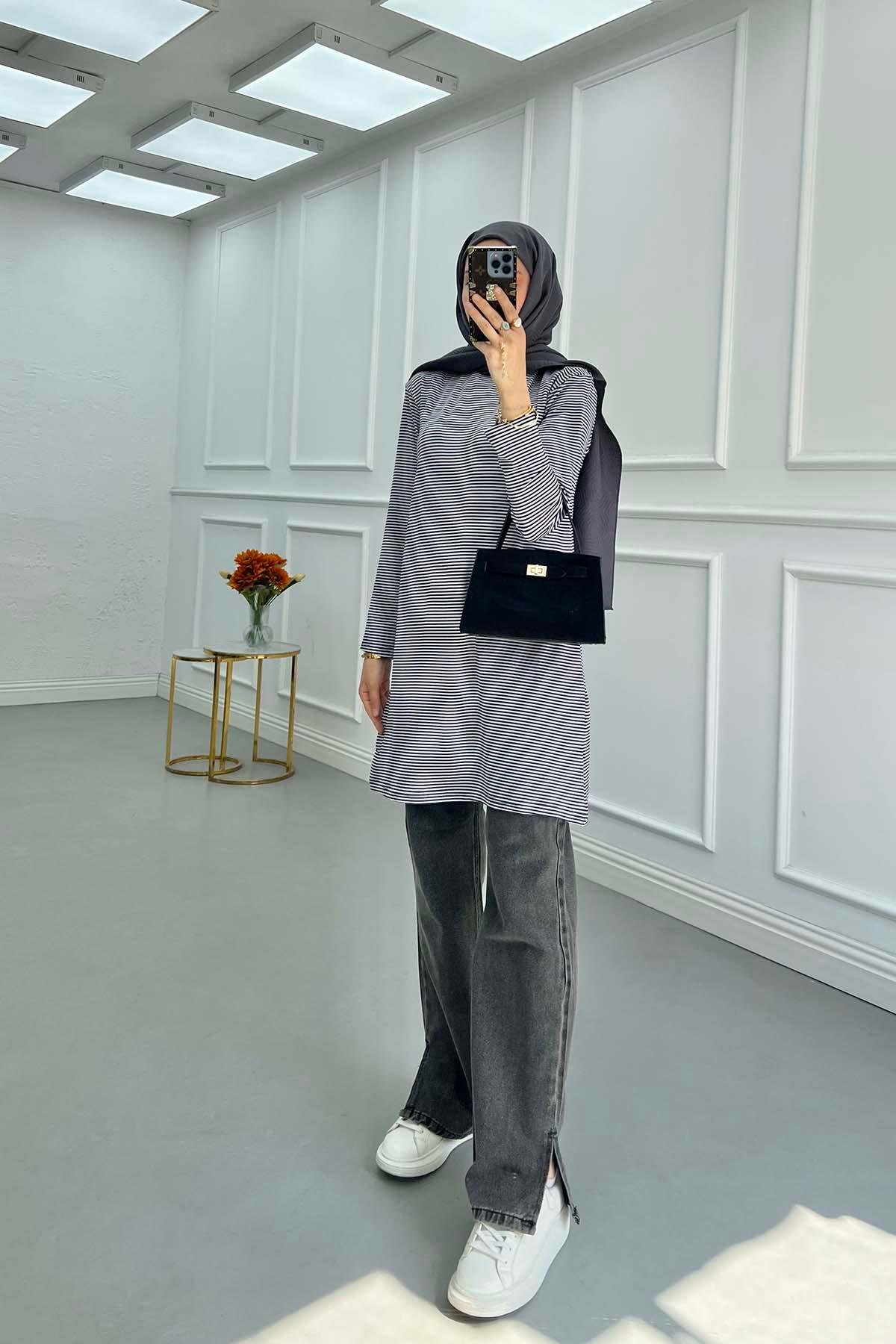 Paça Detaylı Denim Pantolon Füme
