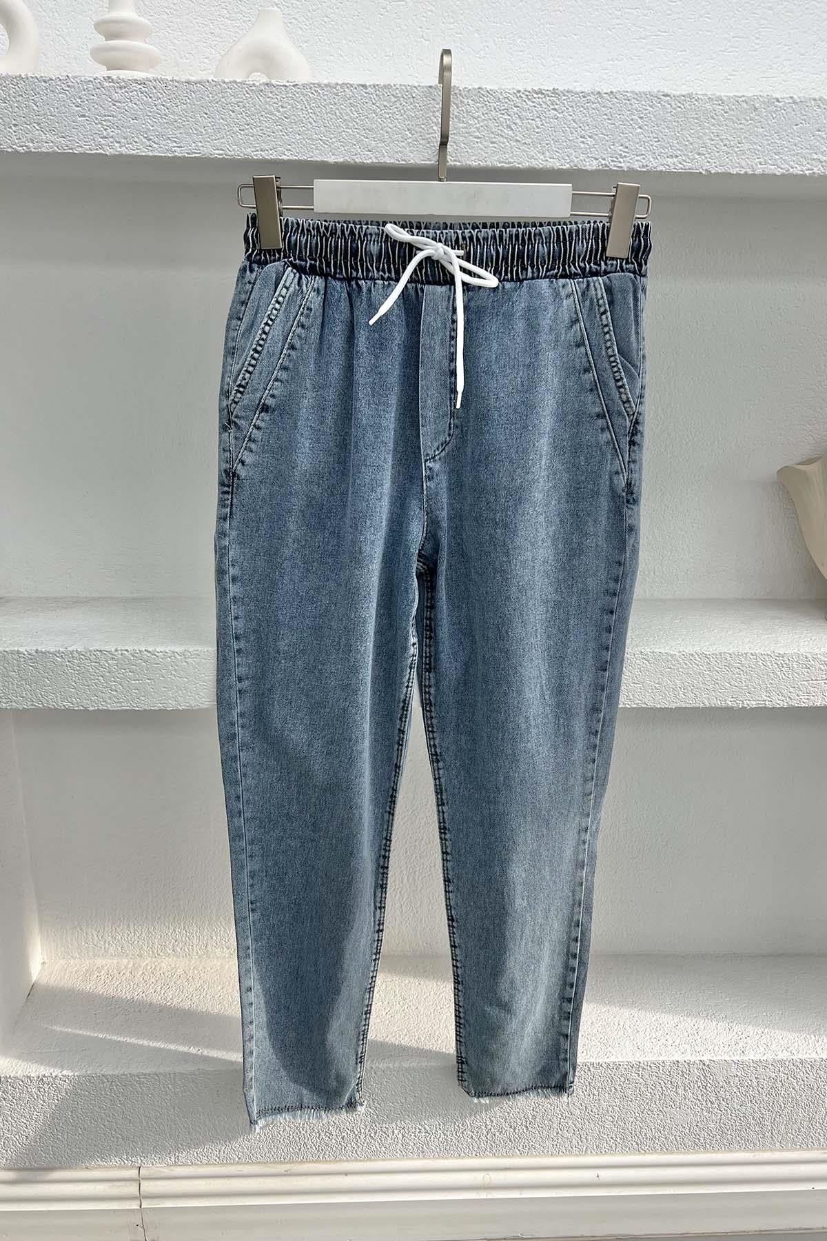 Paça Püsküllü Kot Pantolon Mavi