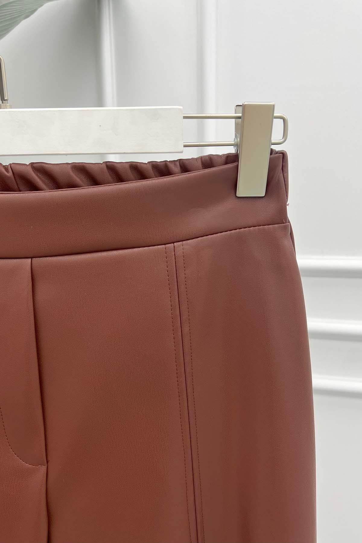 Paça Yırtmaçlı Deri Pantolon Kahve