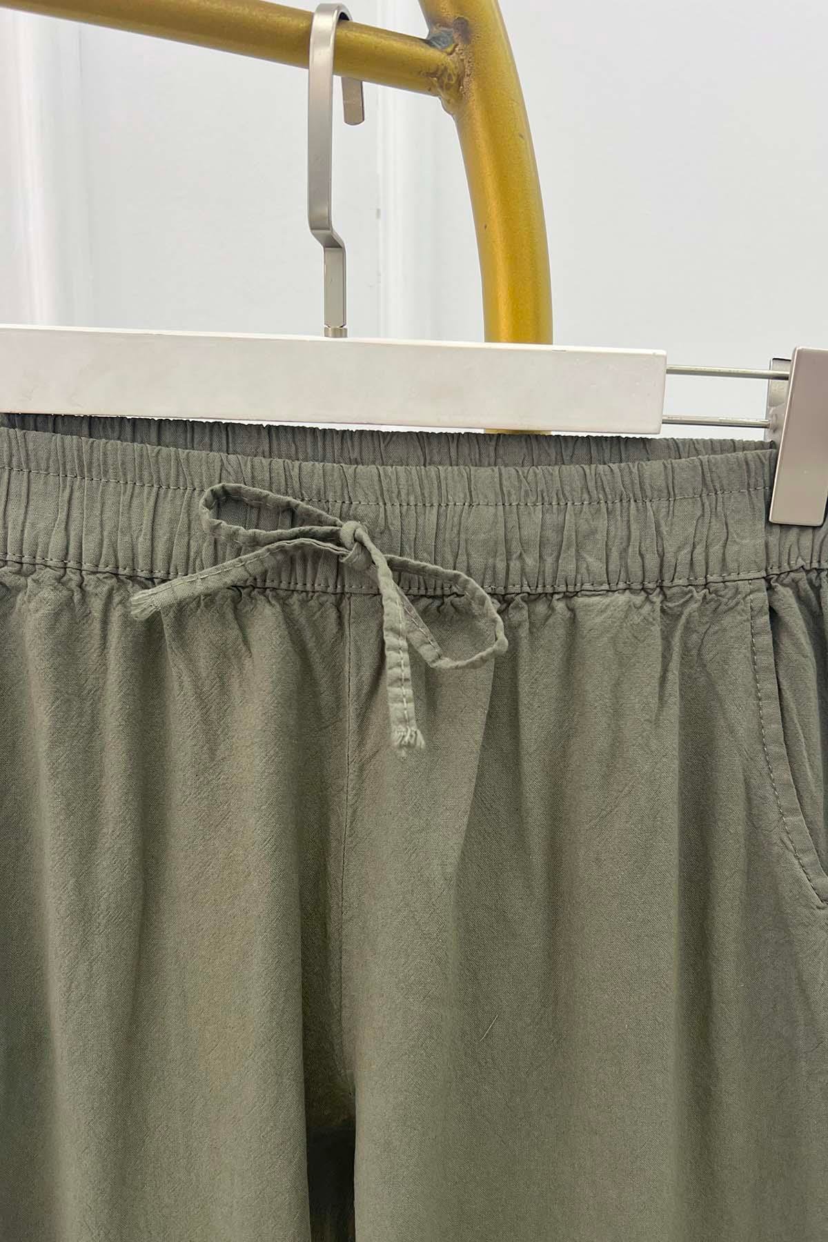 Paçası Püsküllü Beli Lastikli Pantolon Haki