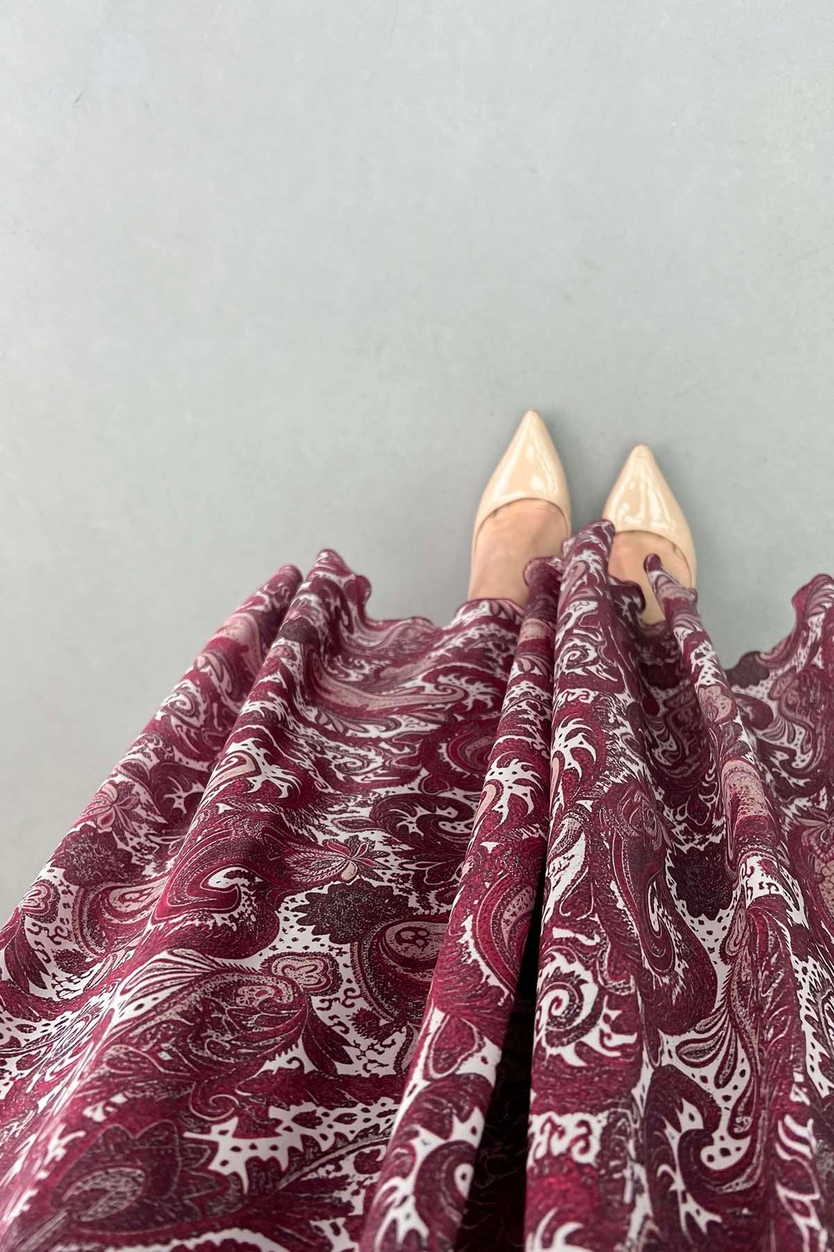 Paisley Desen Astarlı Kemerli Etek Bordo