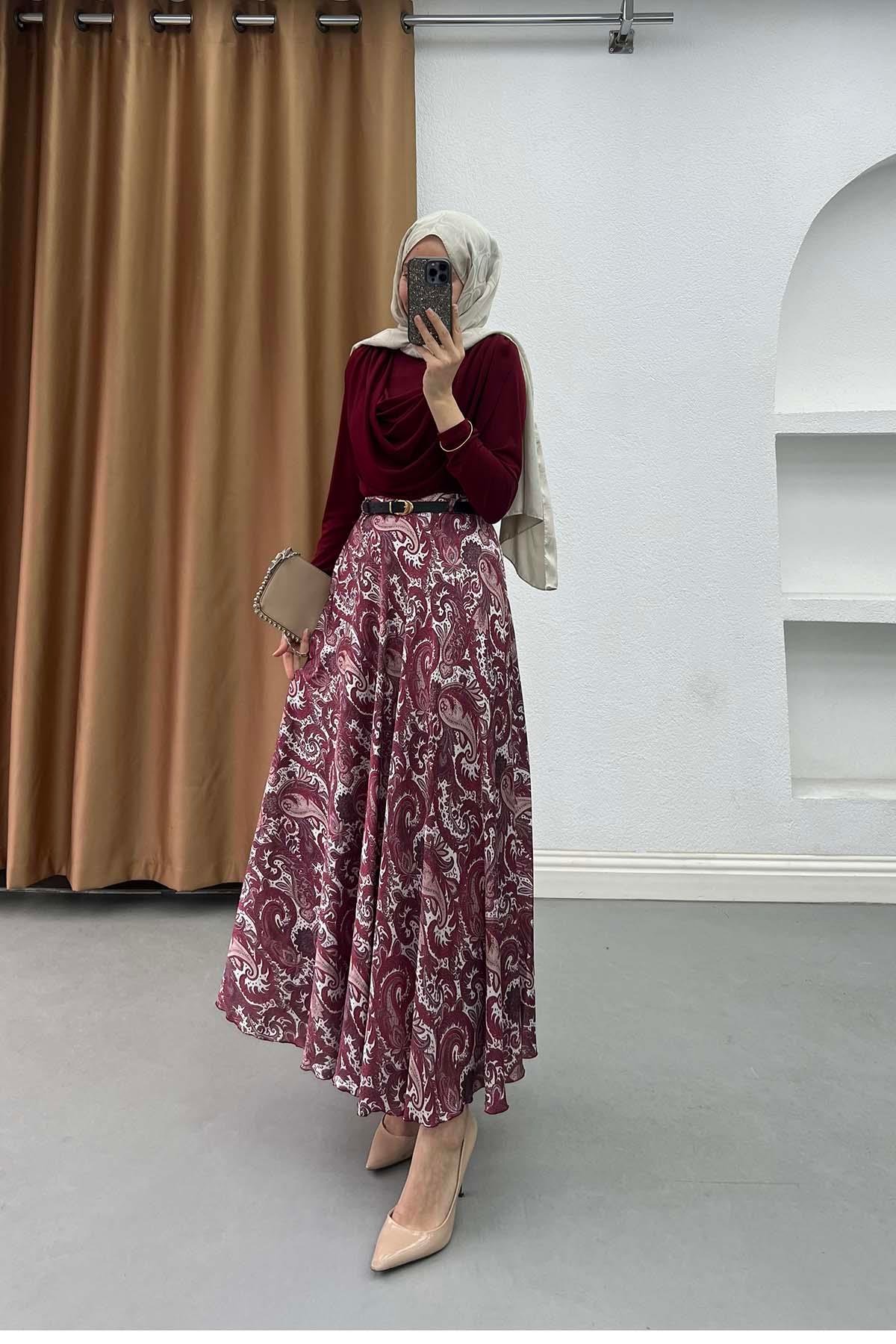 Paisley Desen Astarlı Kemerli Etek Bordo