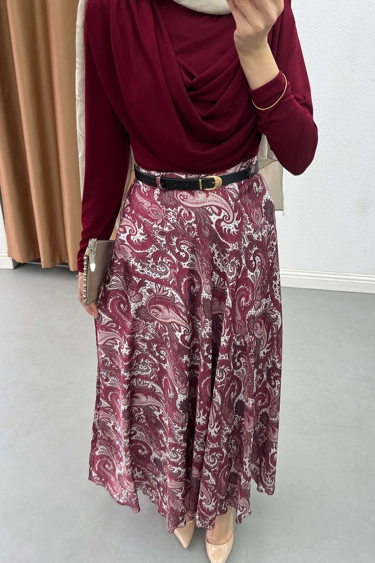 Paisley Desen Astarlı Kemerli Etek Bordo