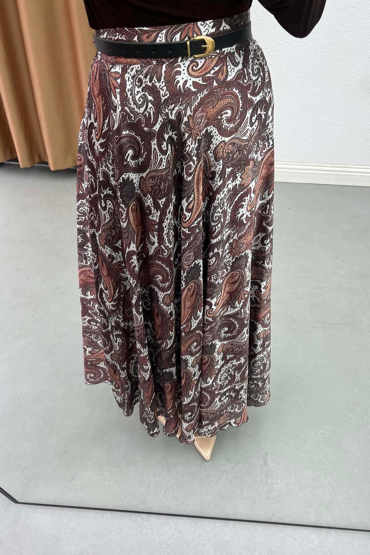 Paisley Desen Astarlı Kemerli Etek Kahve
