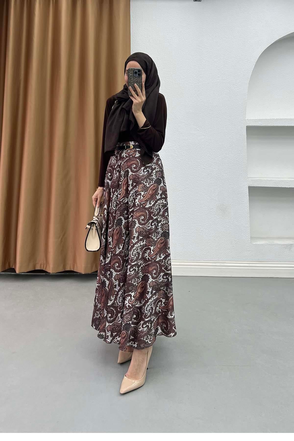 Paisley Desen Astarlı Kemerli Etek Kahve