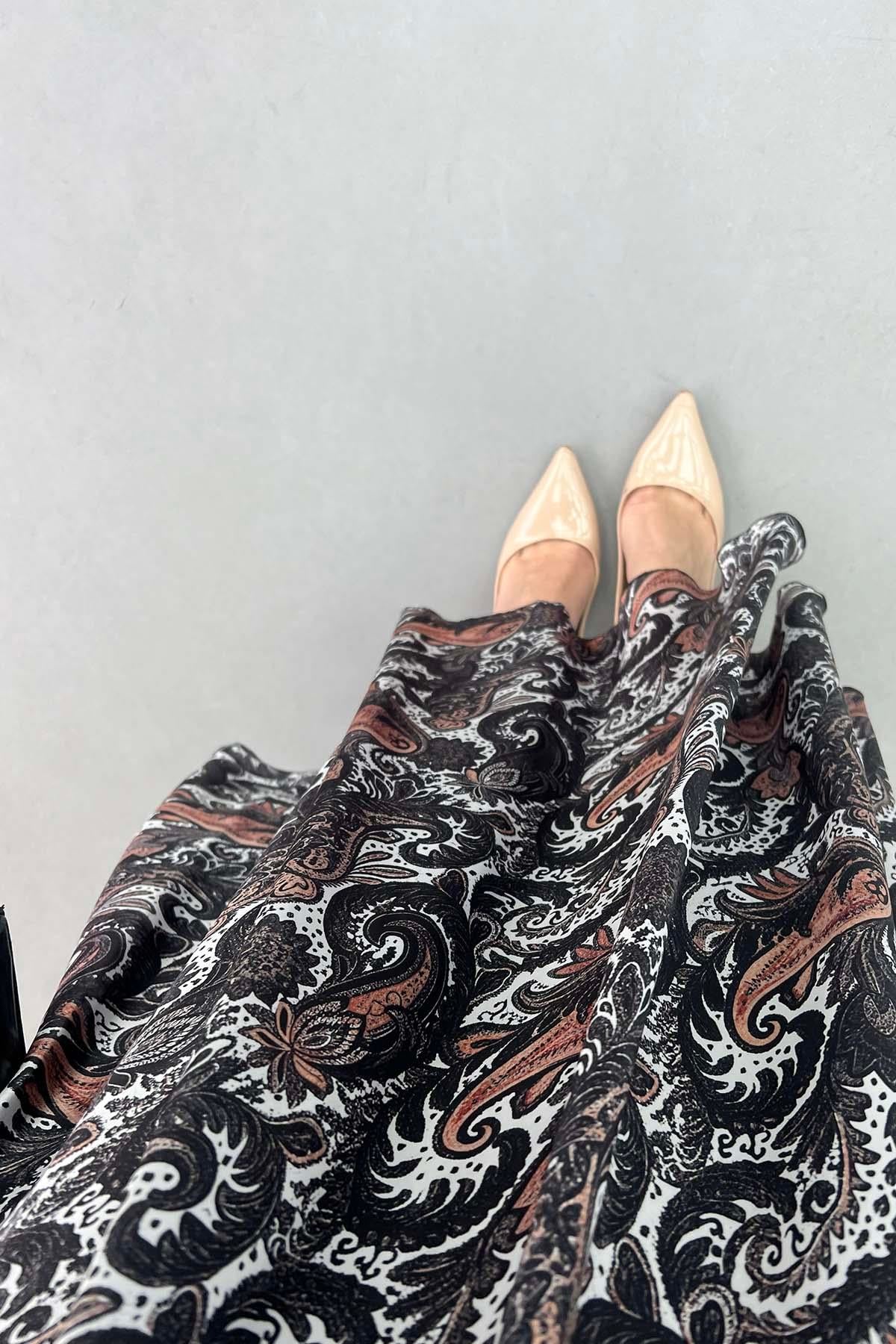 Paisley Desen Astarlı Kemerli Etek Siyah
