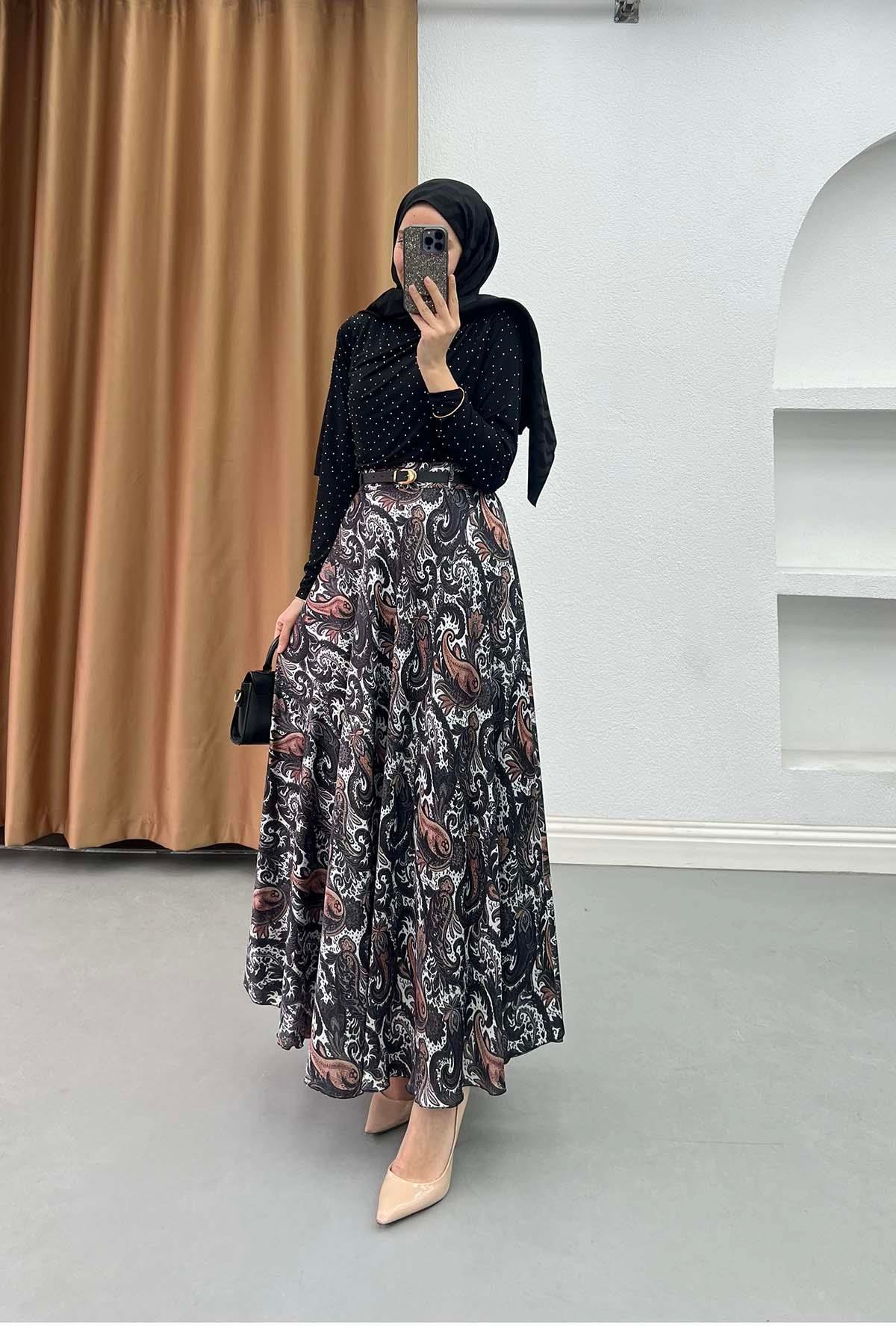 Paisley Desen Astarlı Kemerli Etek Siyah