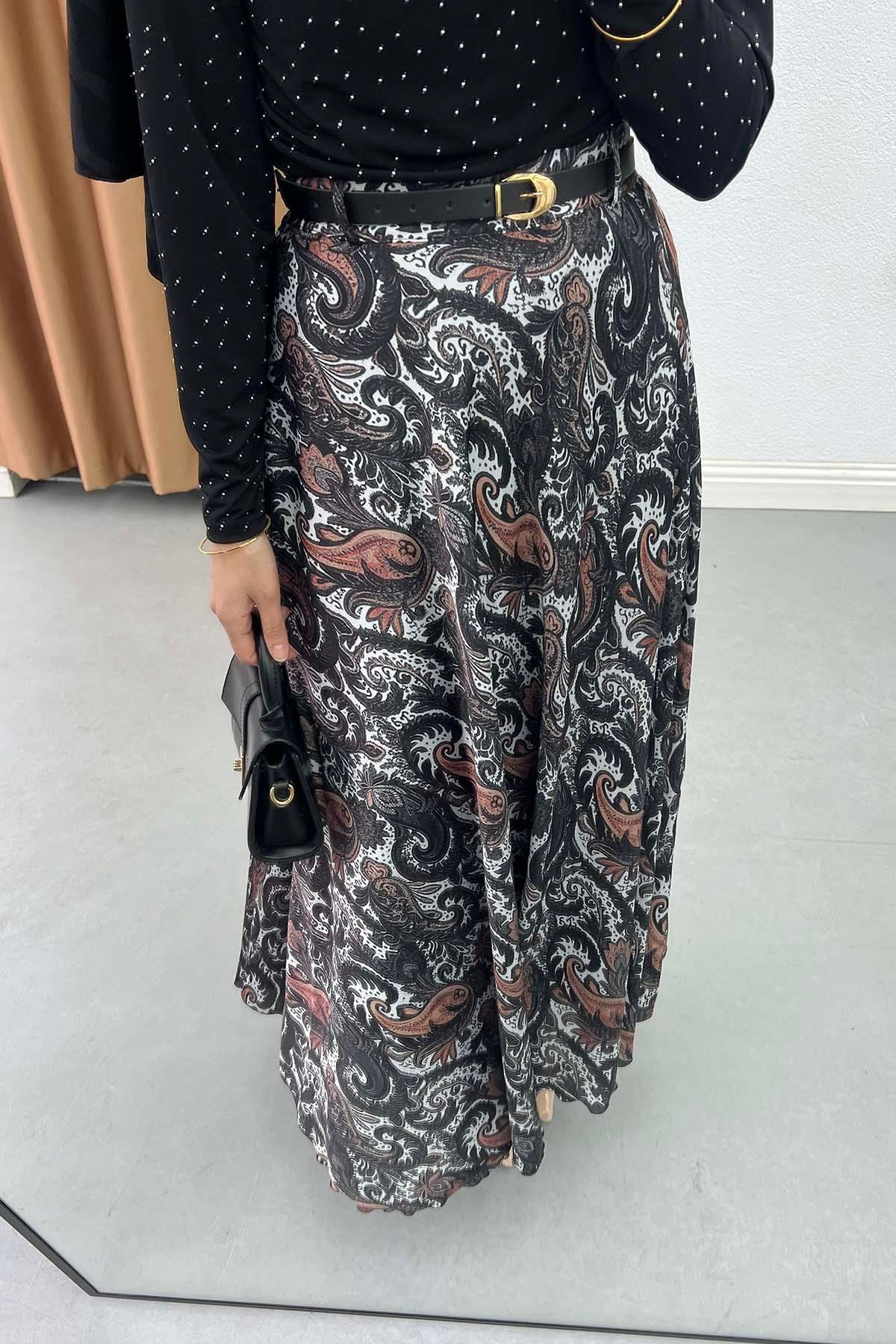 Paisley Desen Astarlı Kemerli Etek Siyah