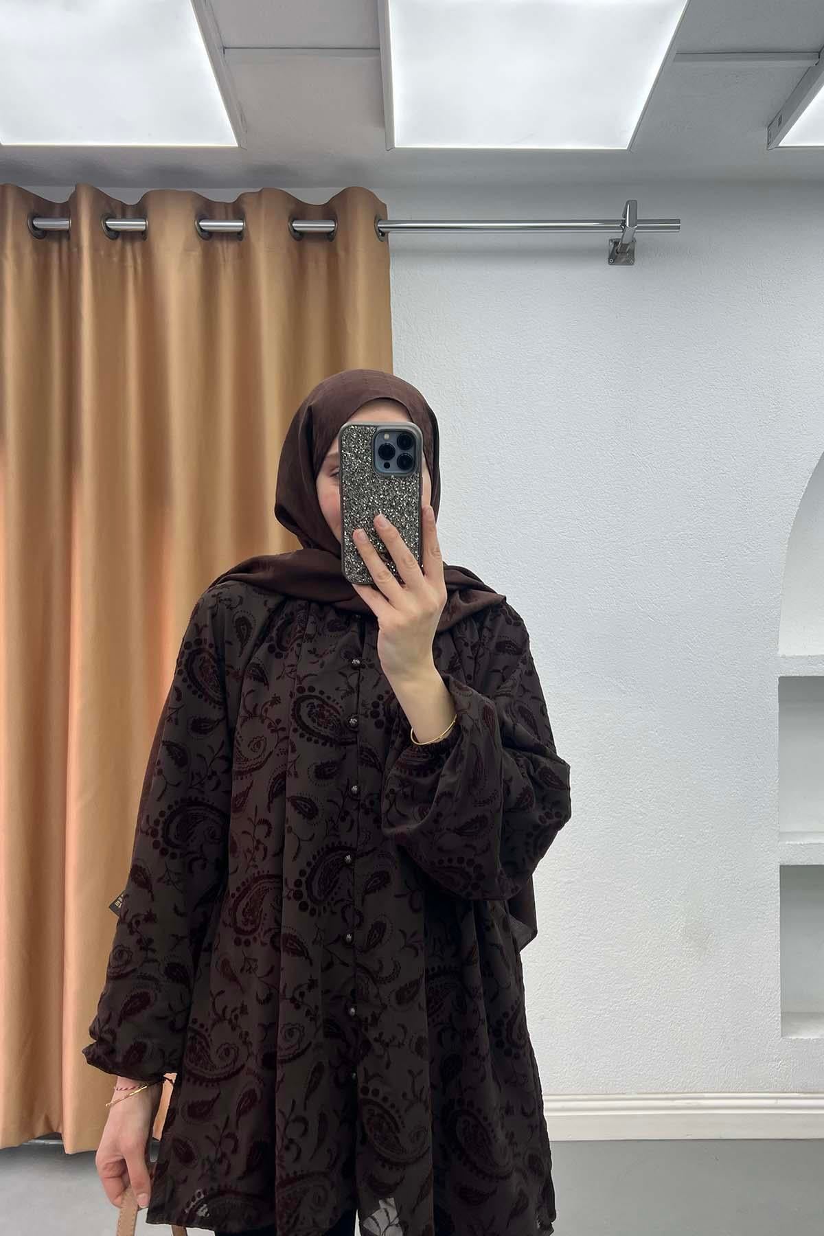 Paisley Desenli Astarlı Tül Gömlek Kahve
