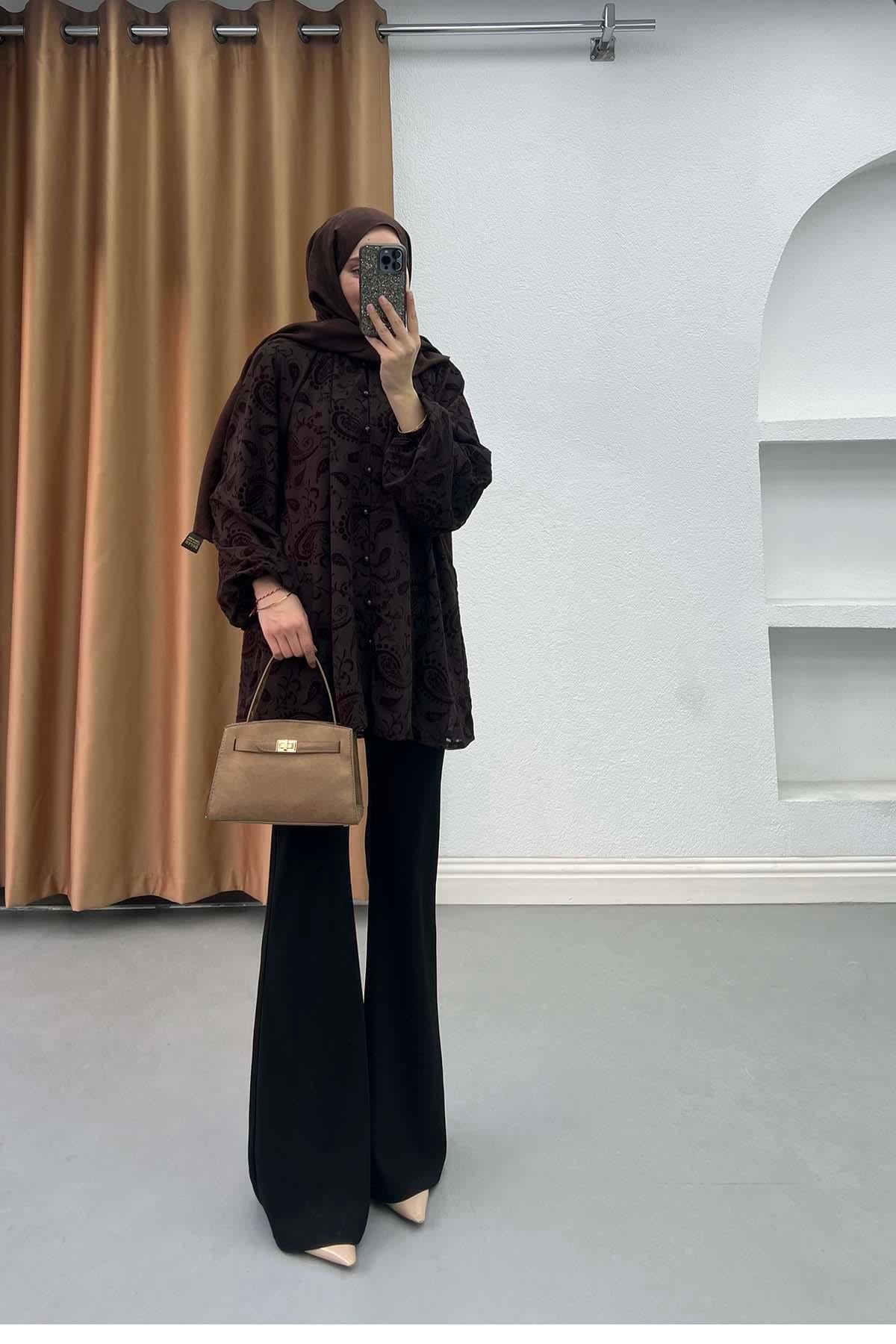 Paisley Desenli Astarlı Tül Gömlek Kahve