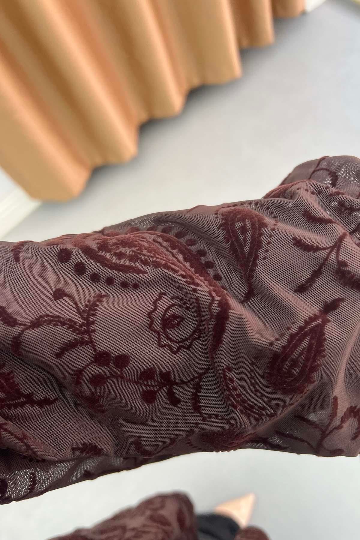 Paisley Desenli Astarlı Tül Gömlek Kahve