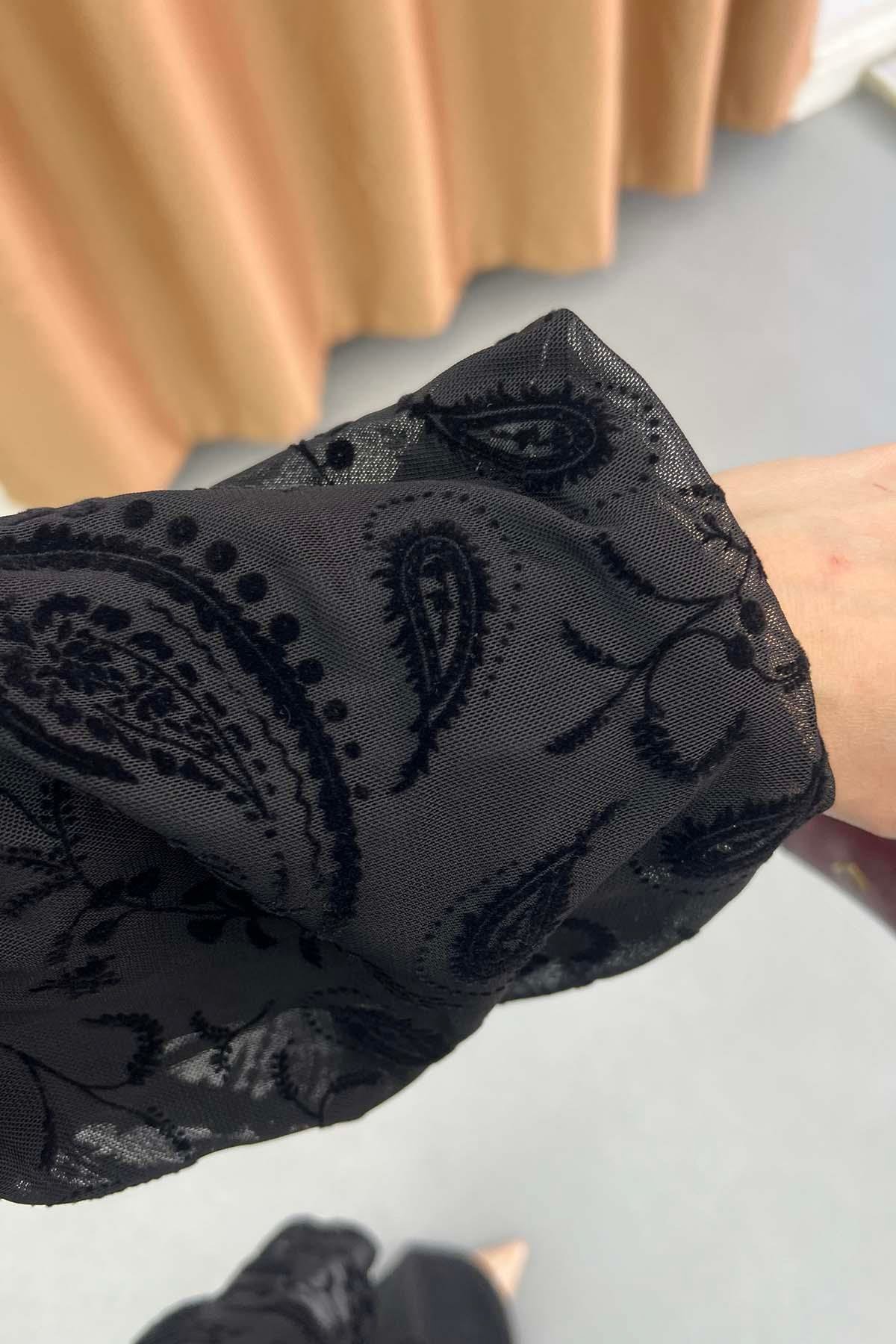 Paisley Desenli Astarlı Tül Gömlek Siyah