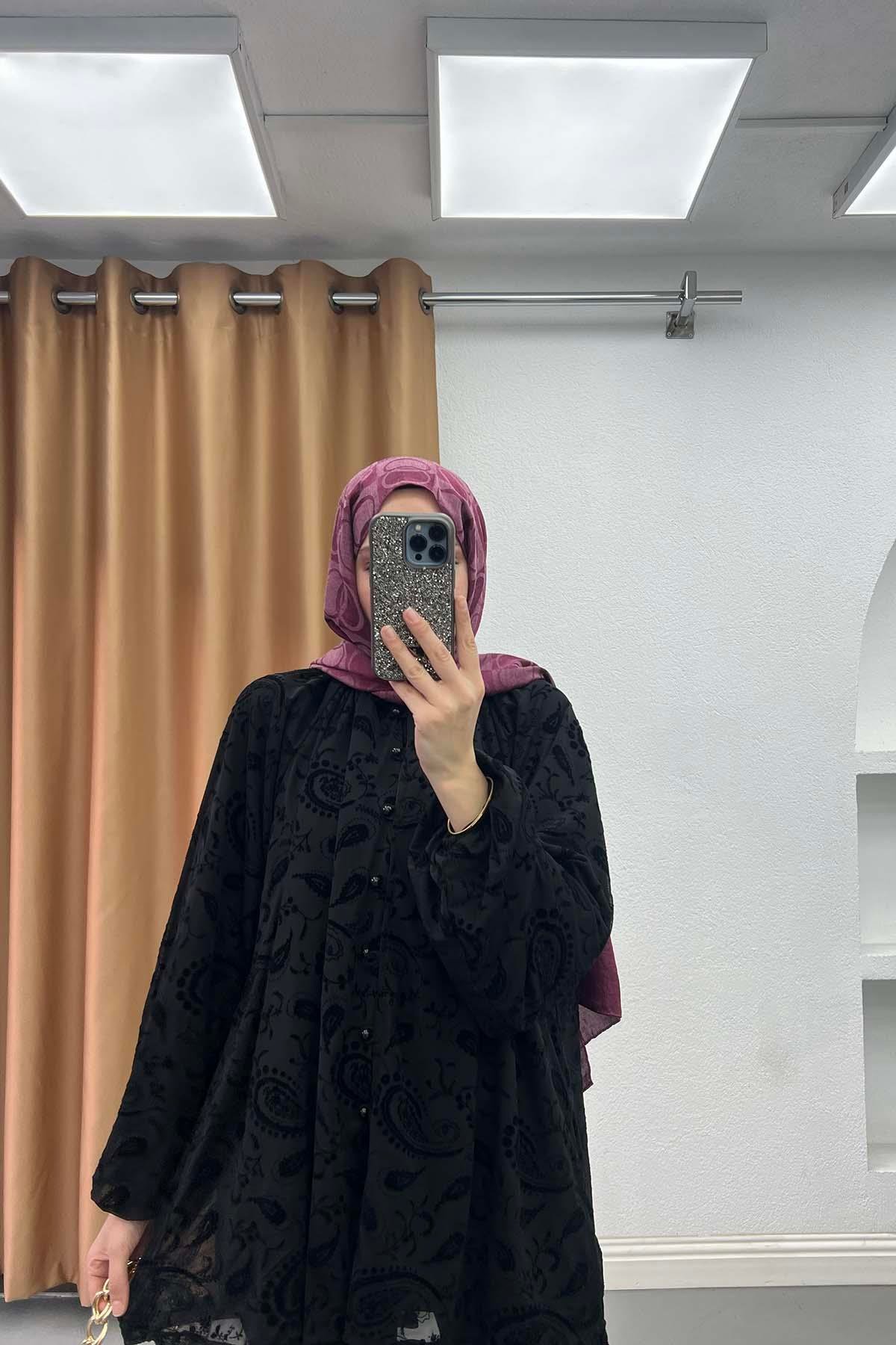 Paisley Desenli Astarlı Tül Gömlek Siyah