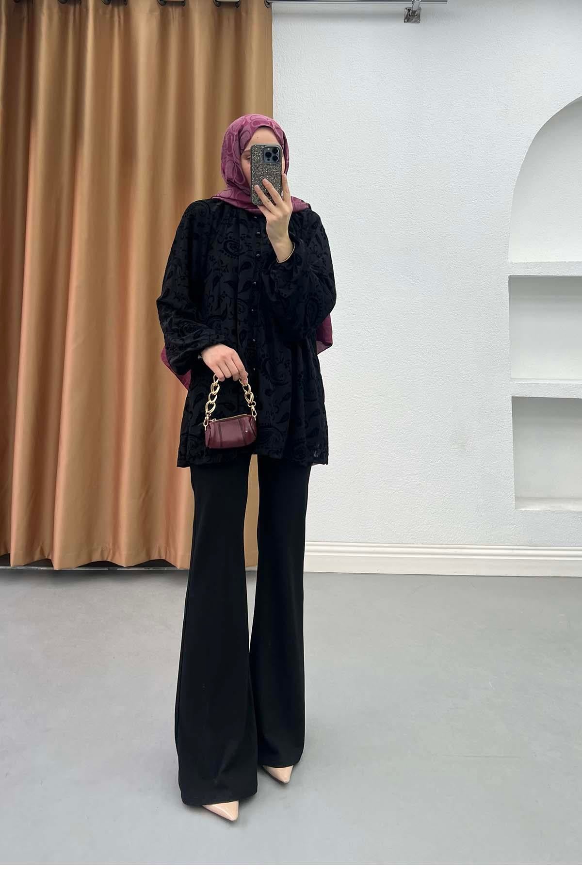 Paisley Desenli Astarlı Tül Gömlek Siyah
