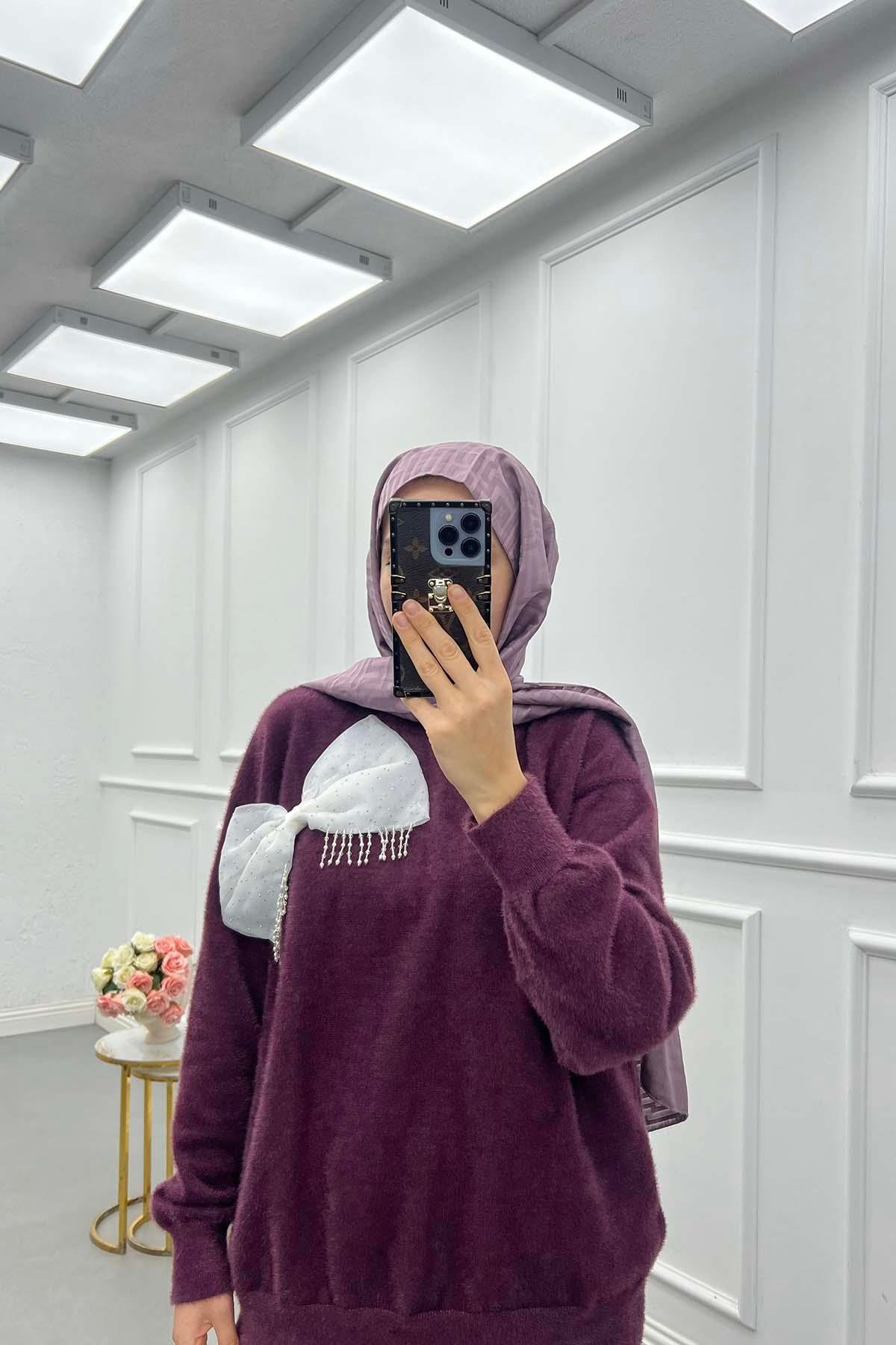 Papyon Detaylı Angora Kazak Mürdüm