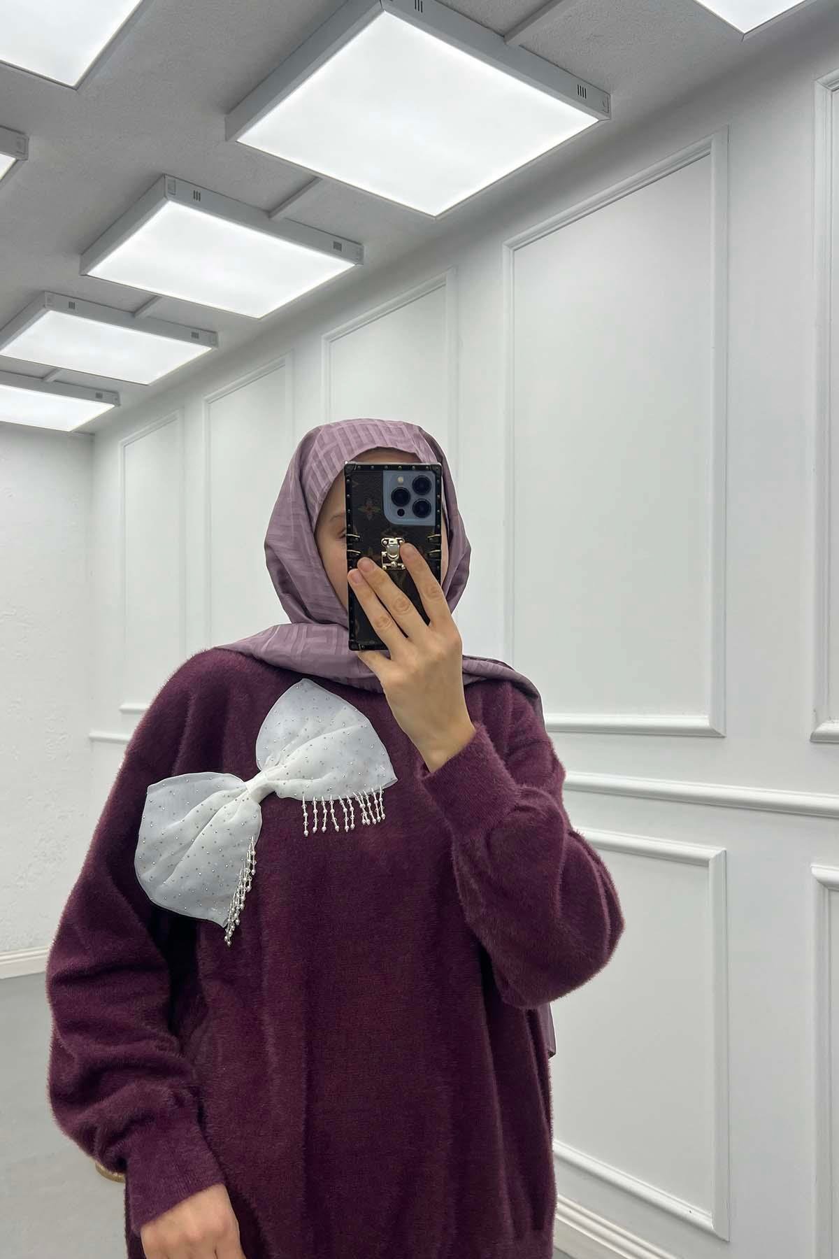Papyon Detaylı Angora Kazak Mürdüm
