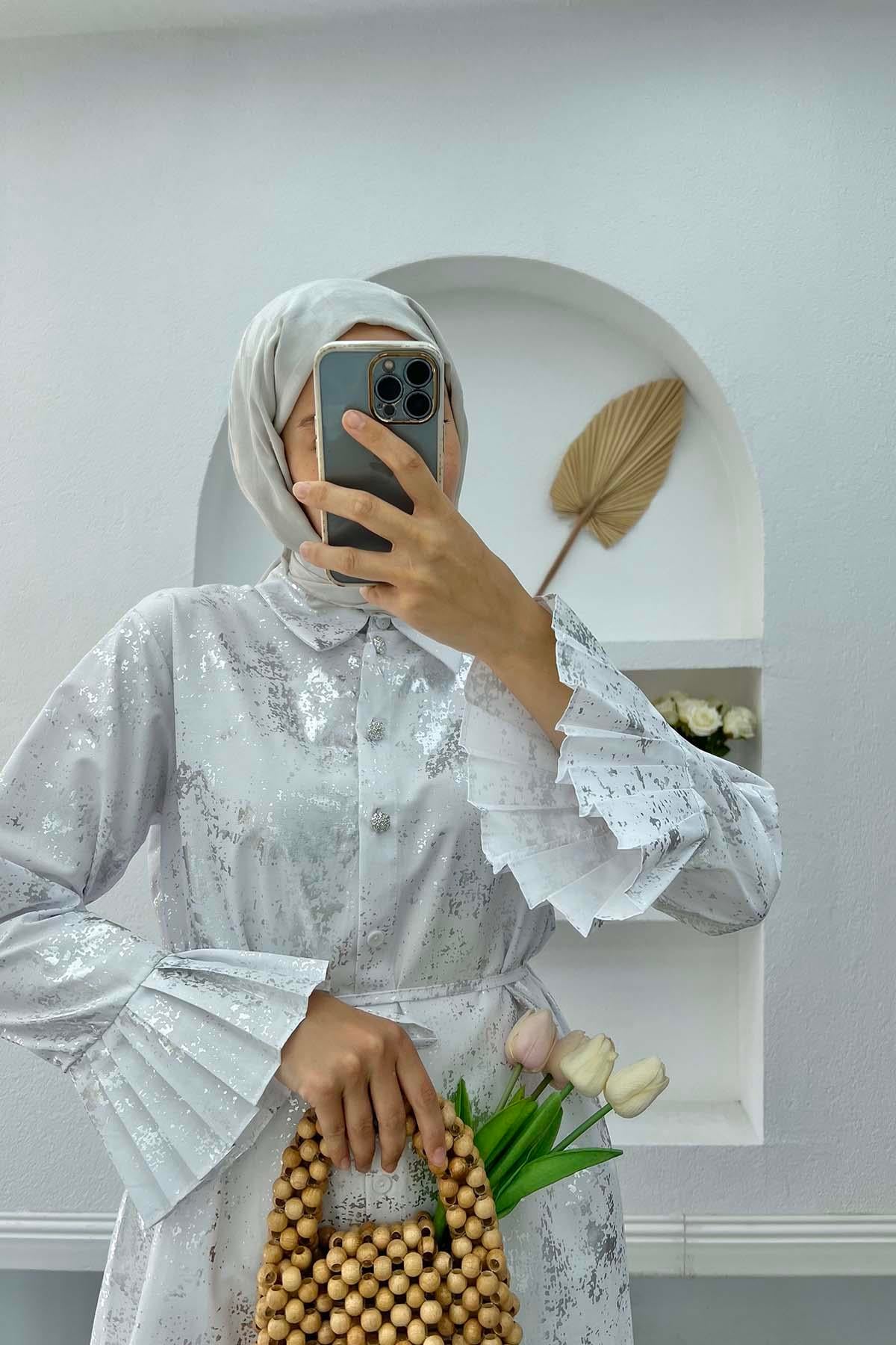 Parlak Desenli Bağlamalı Tunik Beyaz
