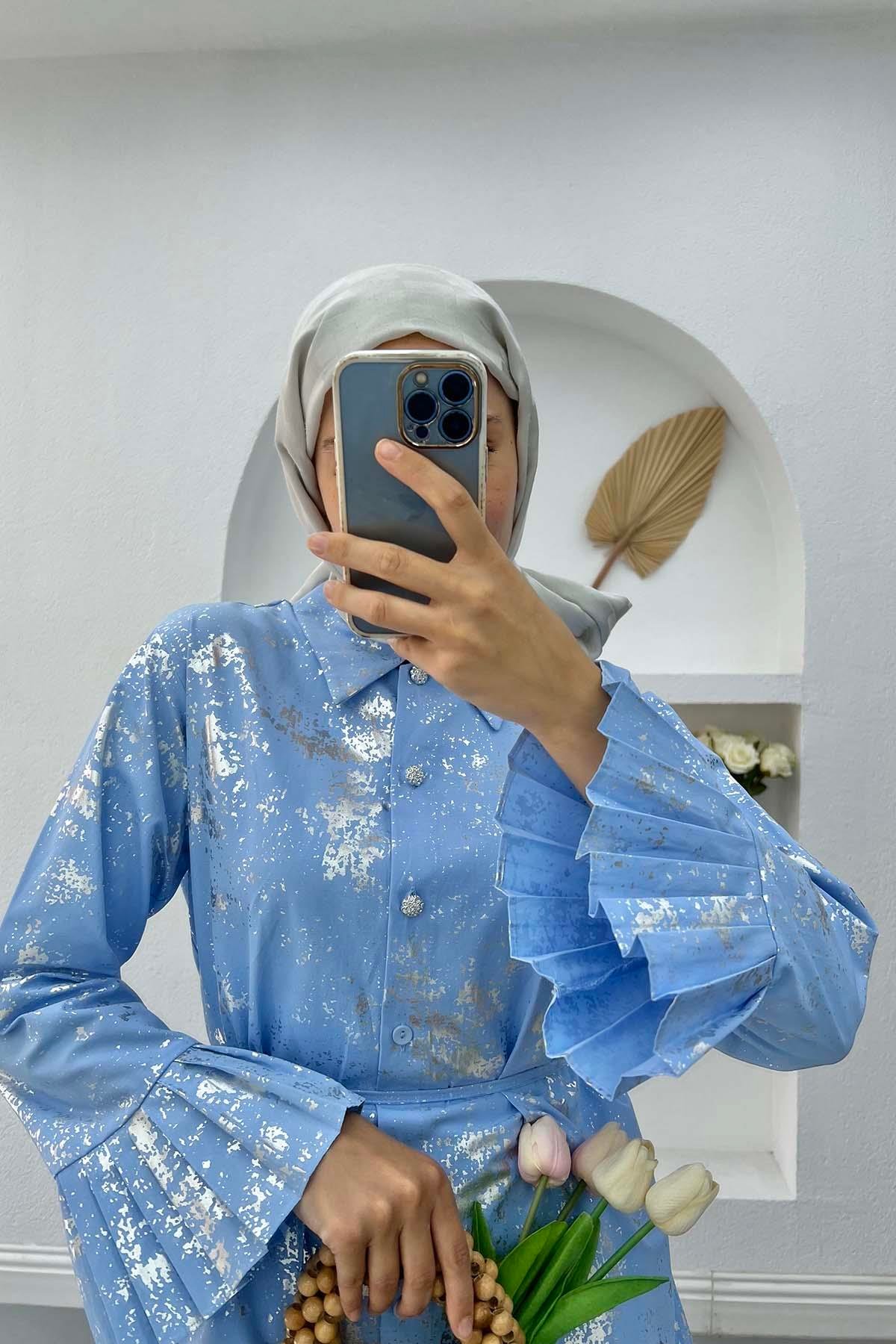 Parlak Desenli Bağlamalı Tunik Mavi