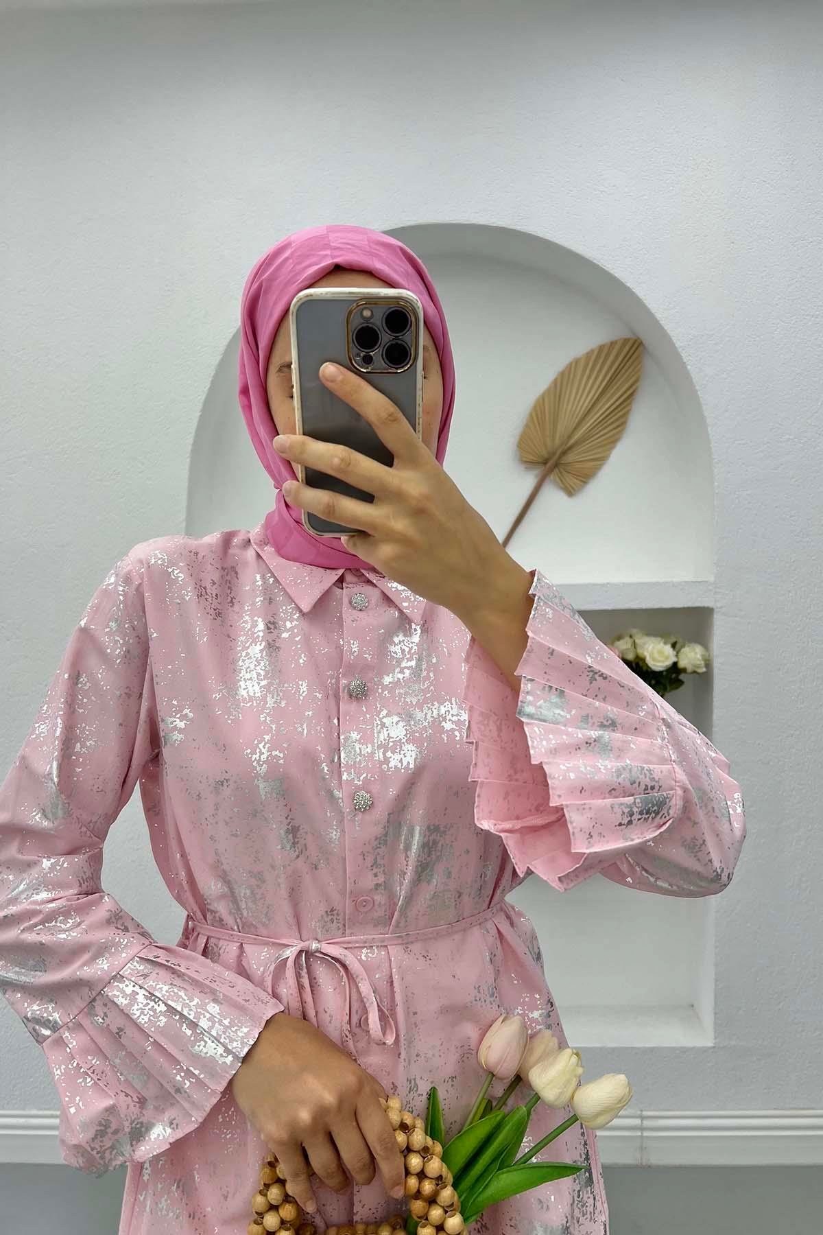 Parlak Desenli Bağlamalı Tunik Pembe