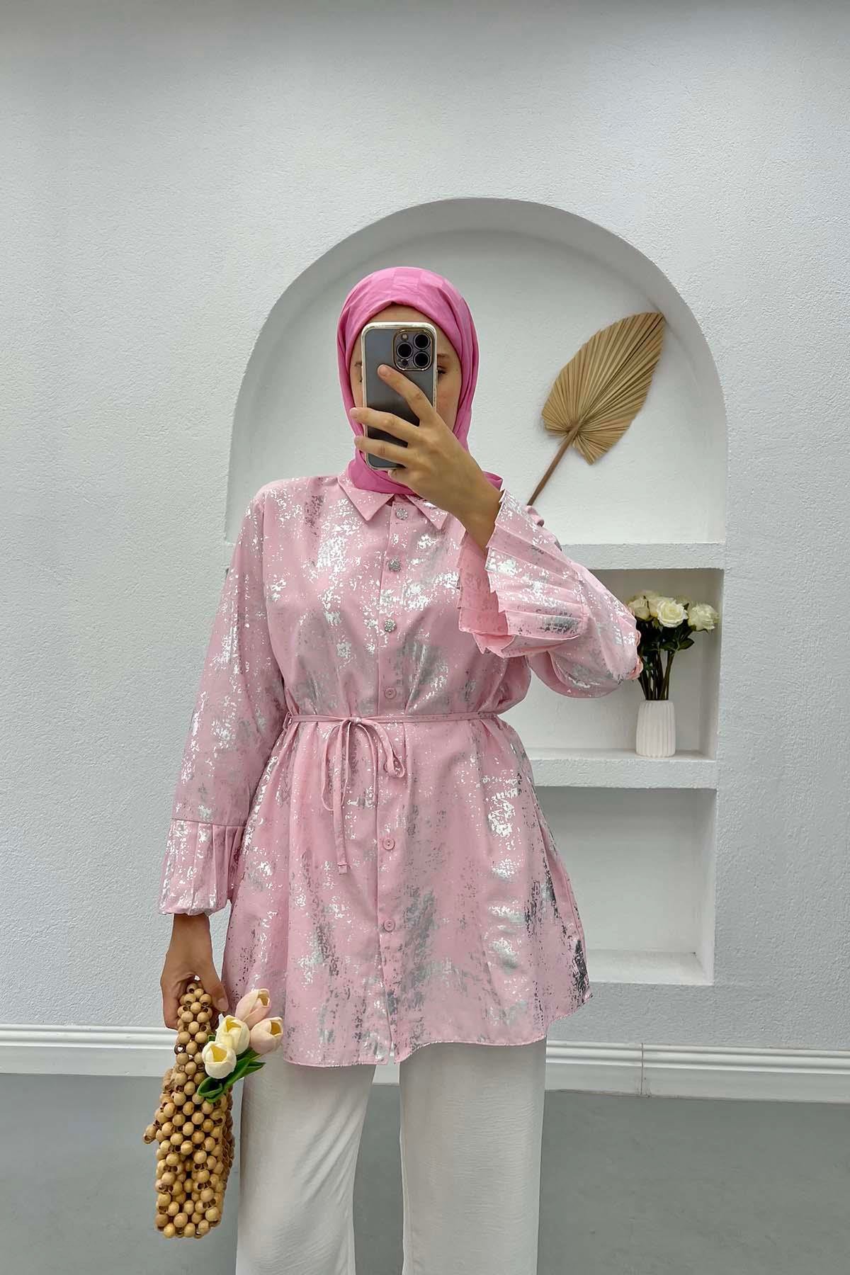 Parlak Desenli Bağlamalı Tunik Pembe