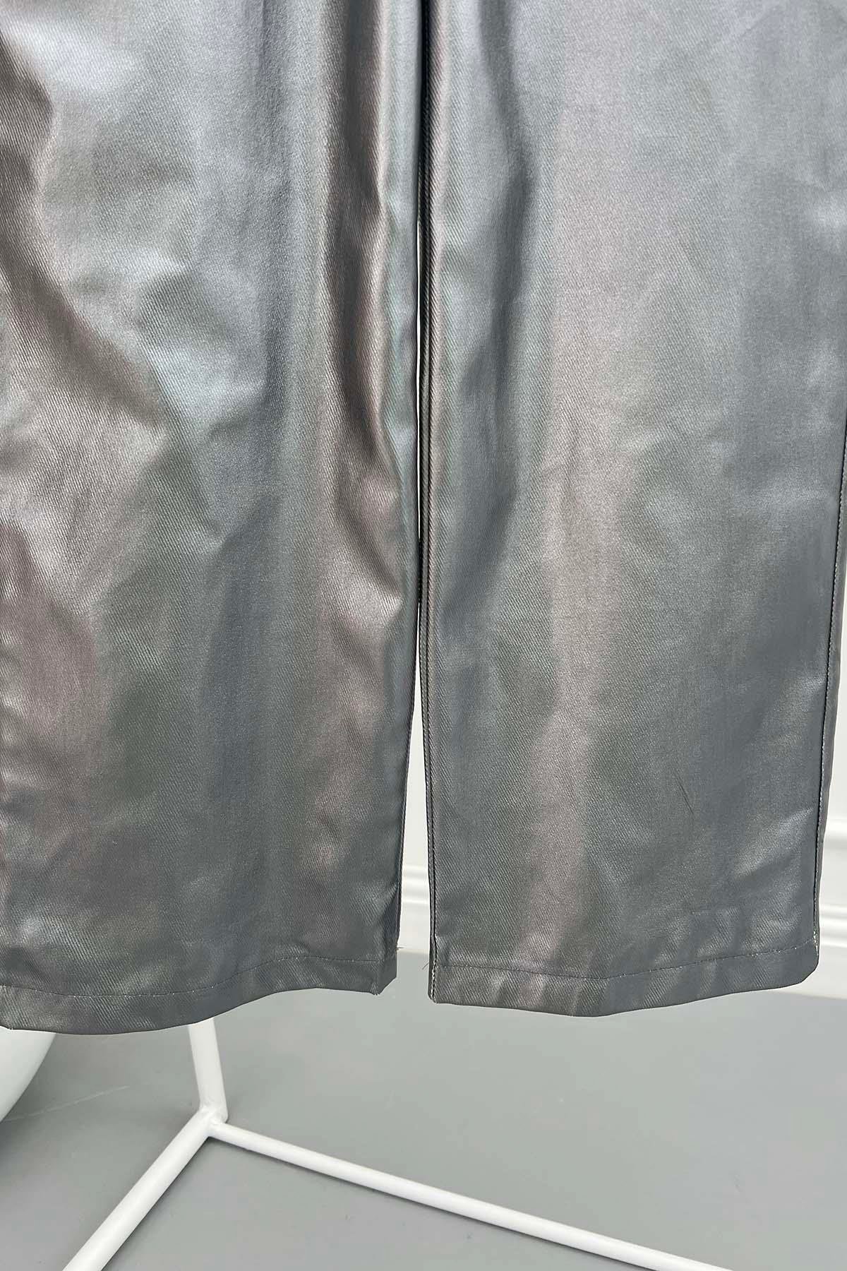 Parlak Plazzo Pantalon Gümüş