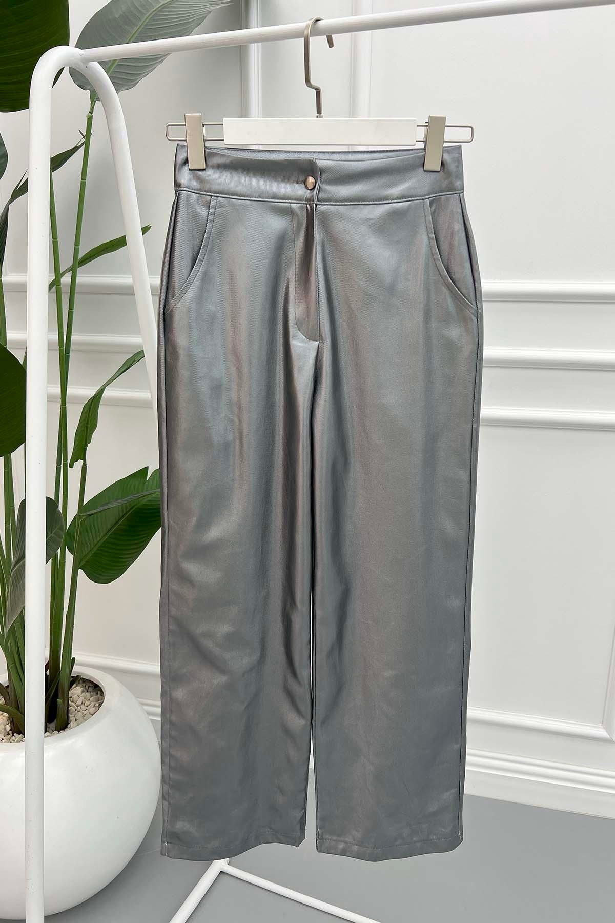 Parlak Plazzo Pantalon Gümüş