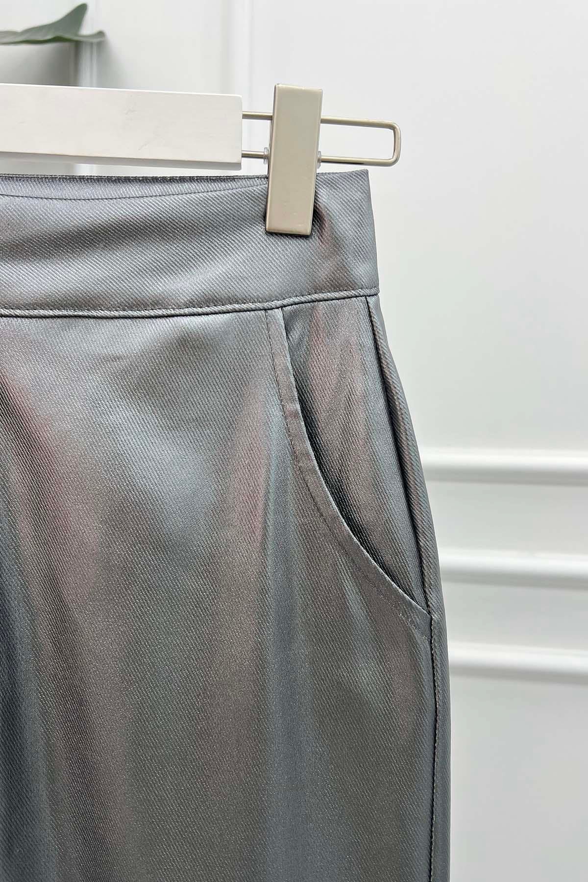 Parlak Plazzo Pantalon Gümüş