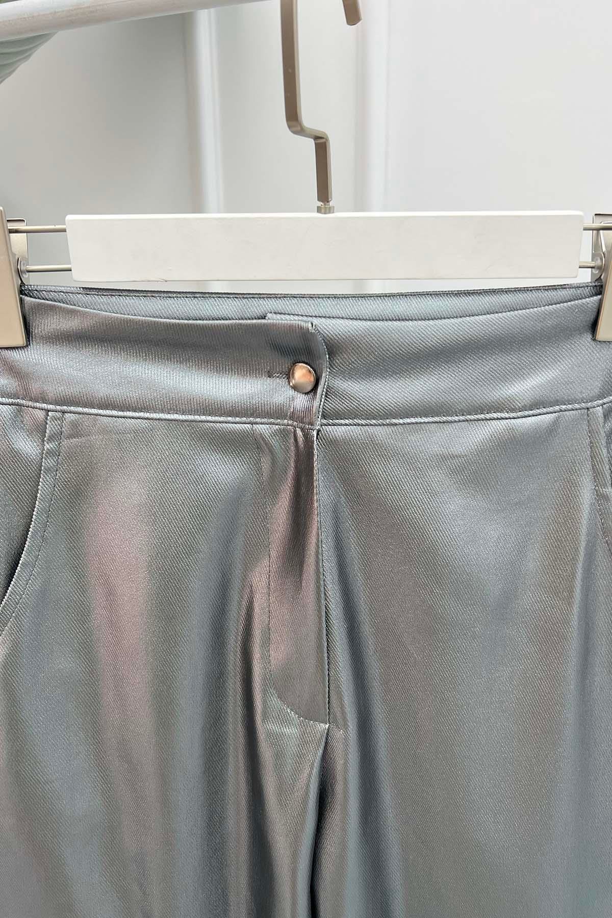 Parlak Plazzo Pantalon Gümüş