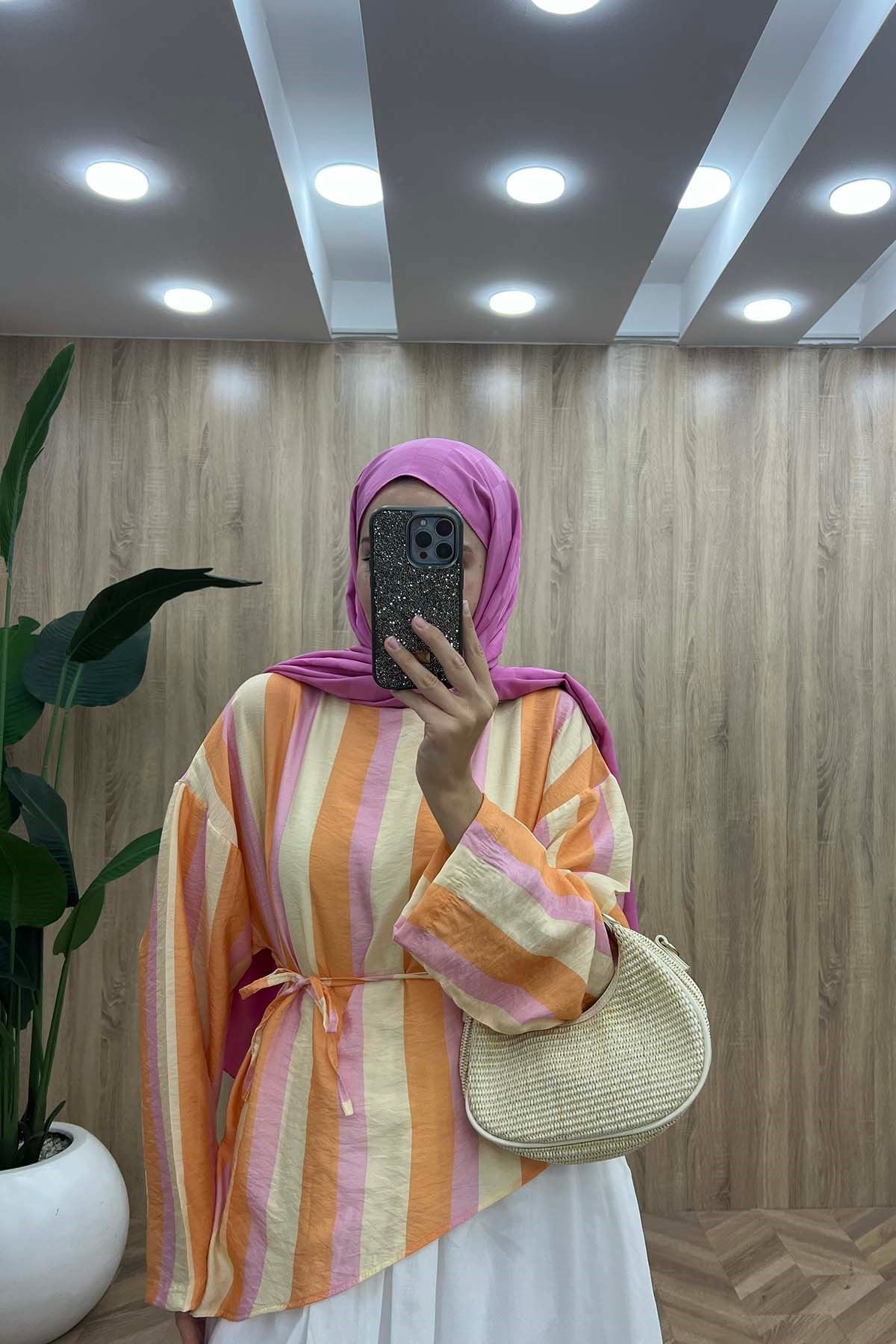 Pastel Çizgili Asimetrik Zen Bluz Çok Renkli