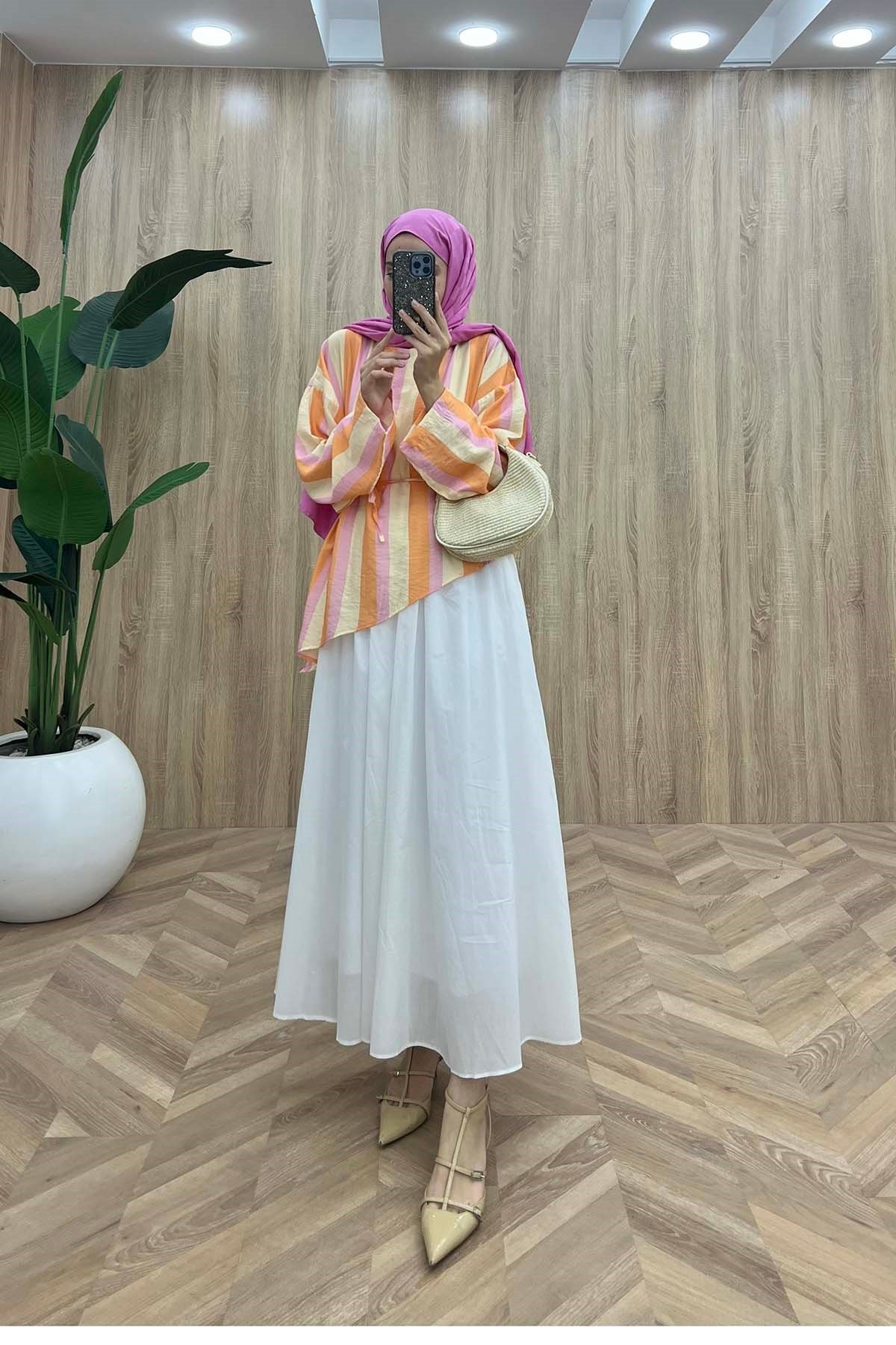 Pastel Çizgili Asimetrik Zen Bluz Çok Renkli