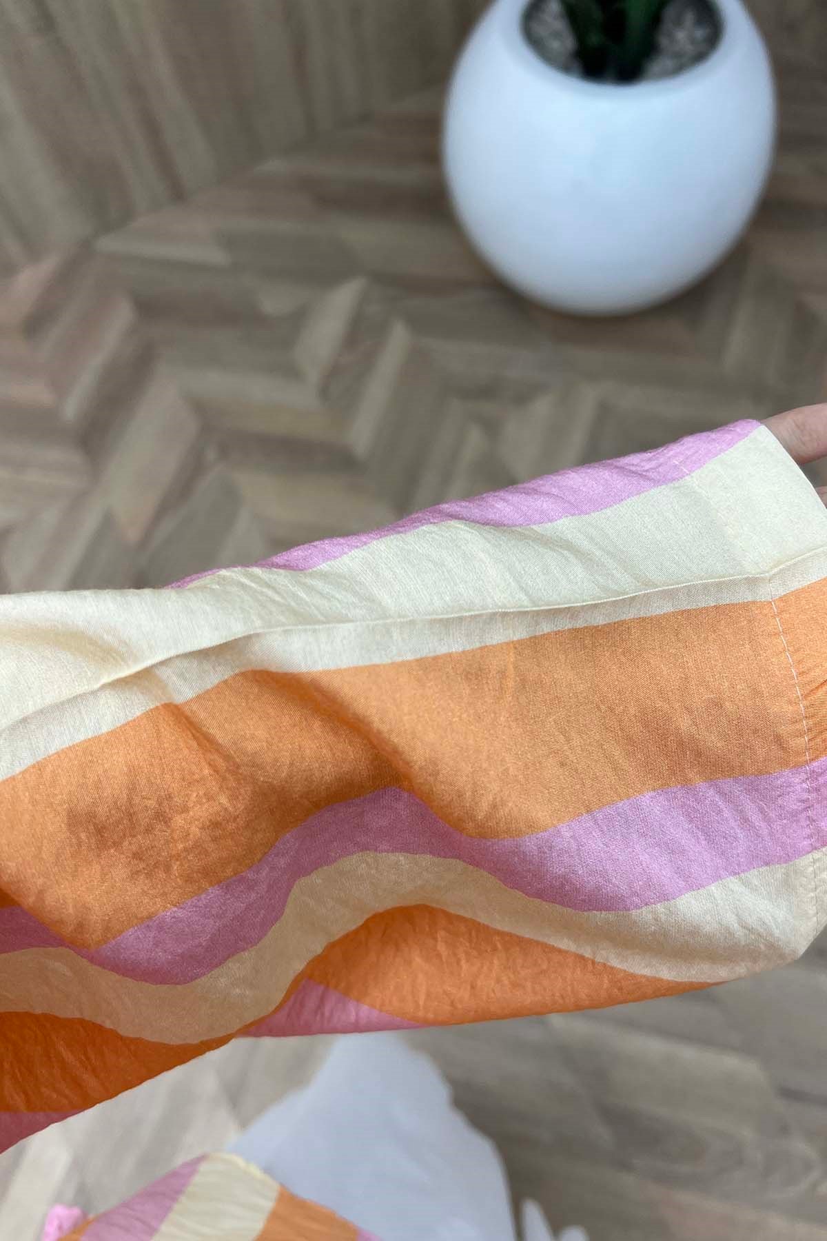 Pastel Çizgili Asimetrik Zen Bluz Çok Renkli