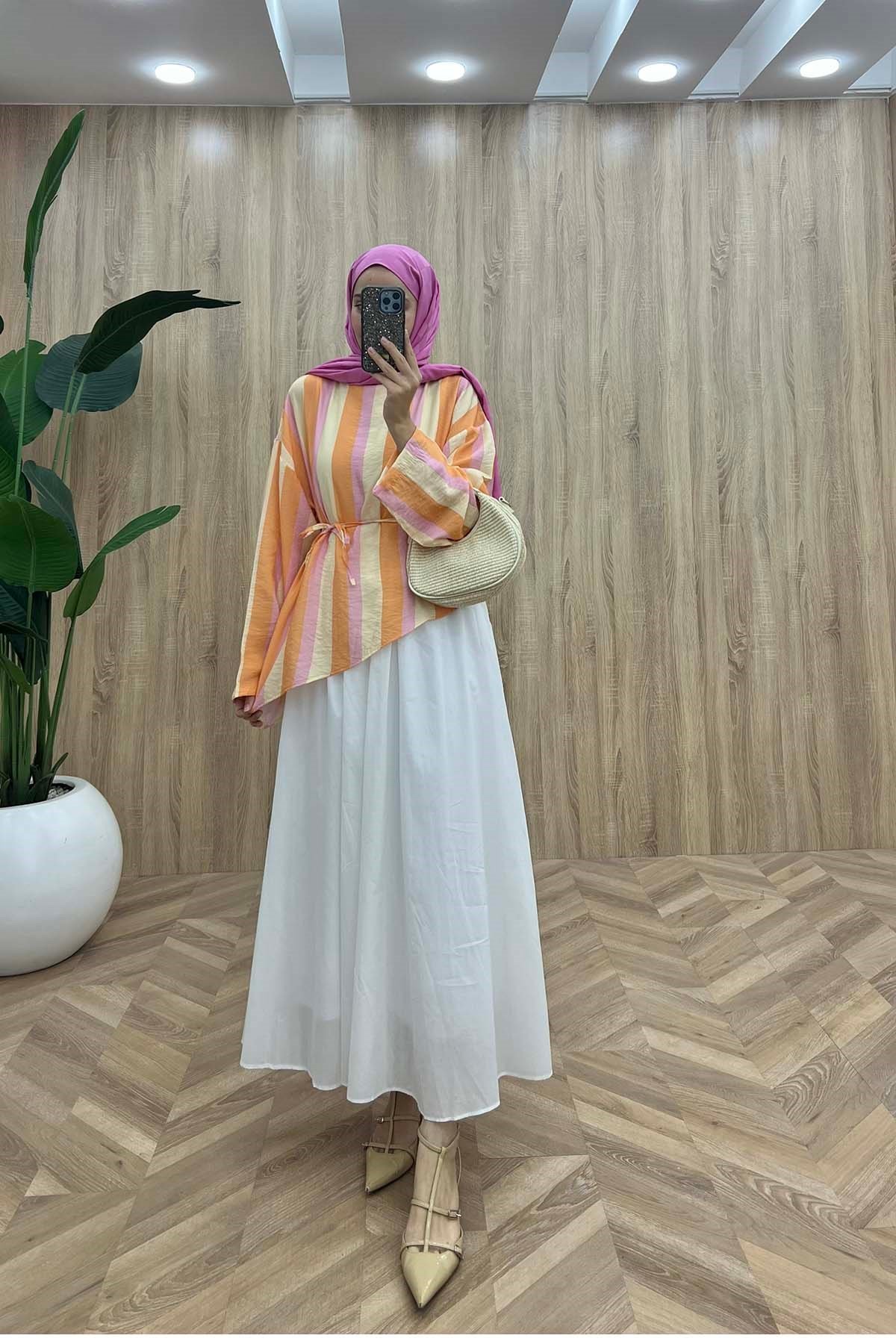 Pastel Çizgili Asimetrik Zen Bluz Çok Renkli