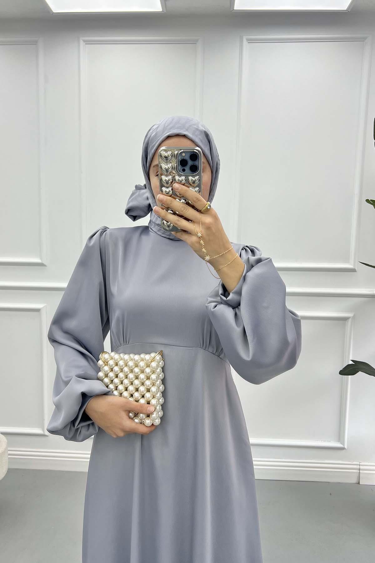 Pat Detaylı Saten Elbise Gri