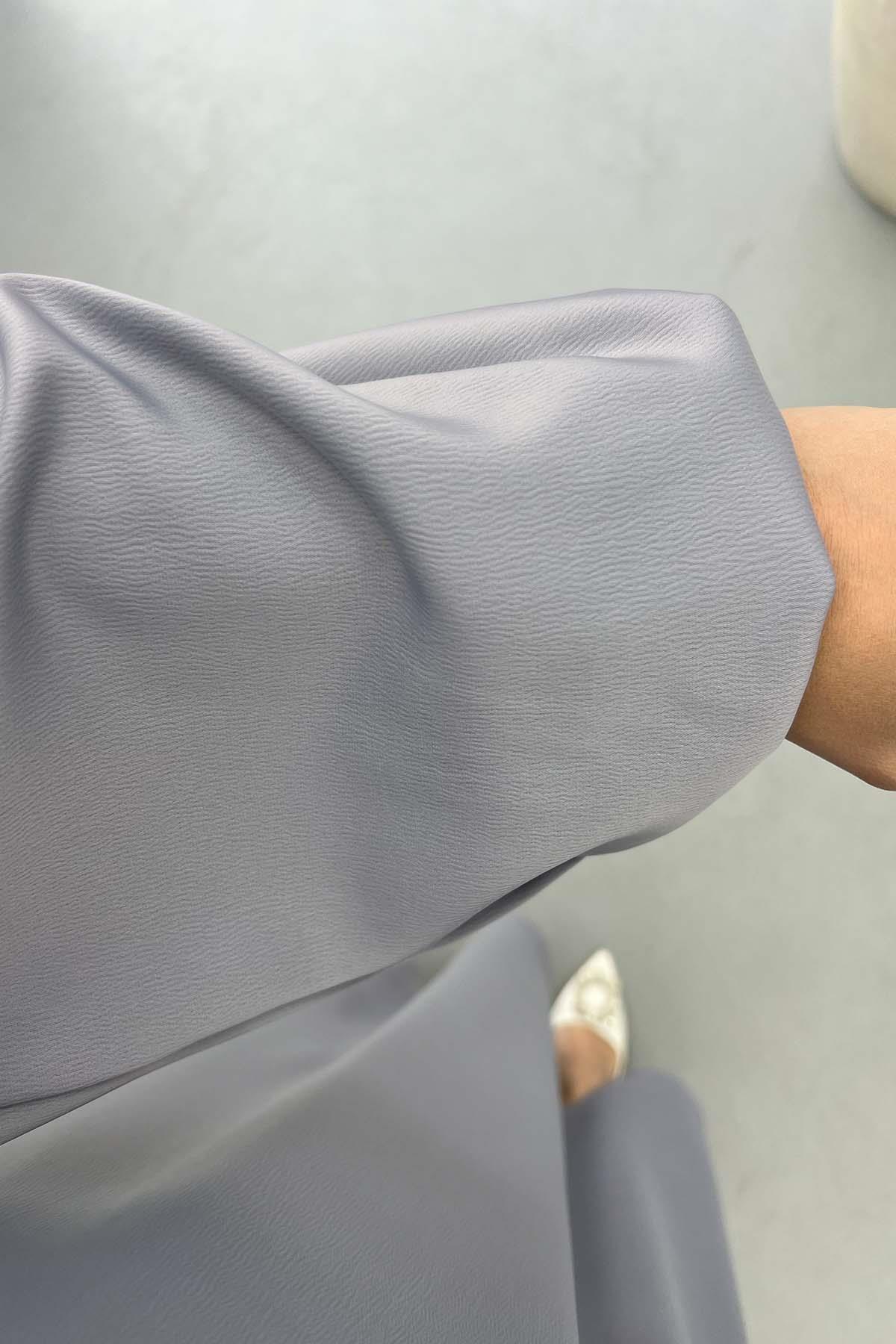 Pat Detaylı Saten Elbise Gri