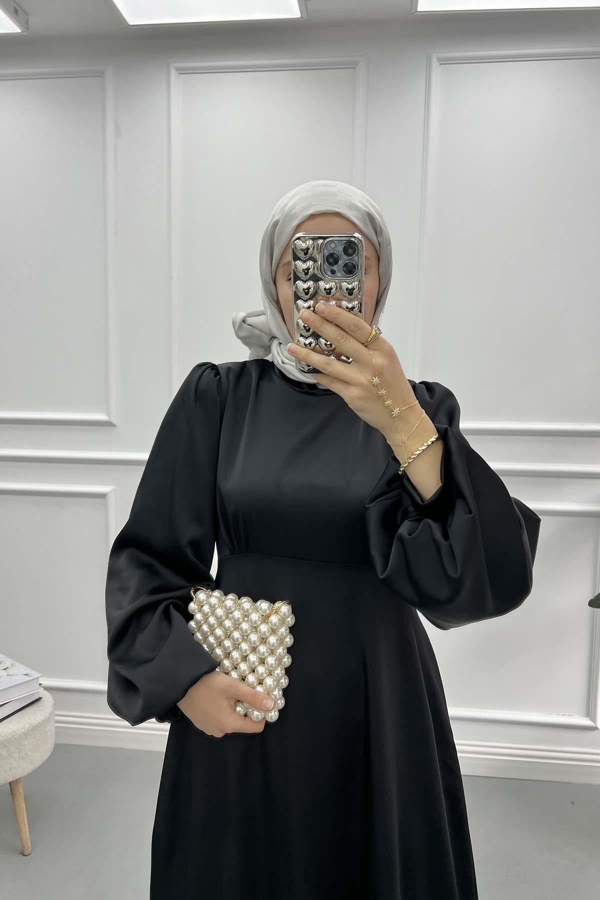 Pat Detaylı Saten Elbise Siyah