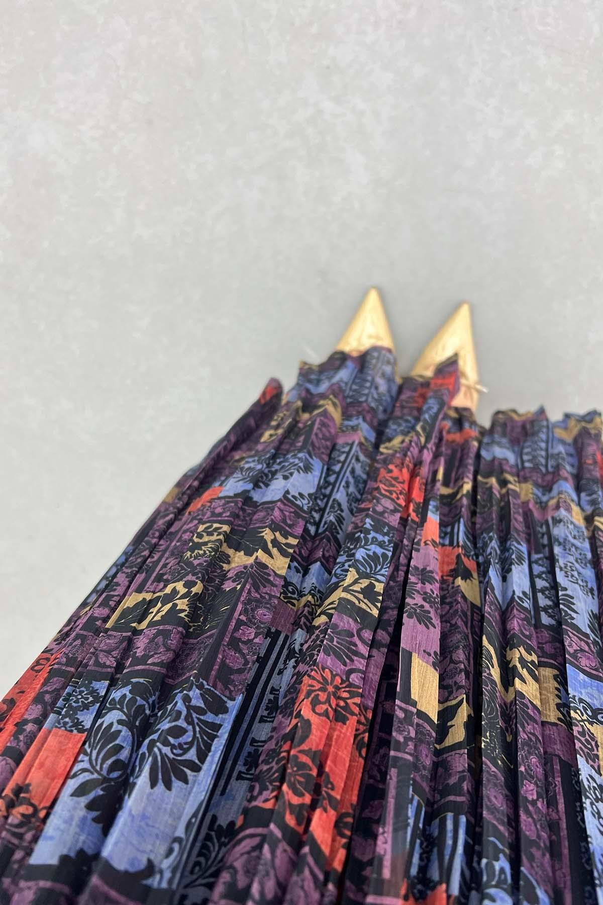 Patchwork Desenli Kemerli Şifon Etek Mor