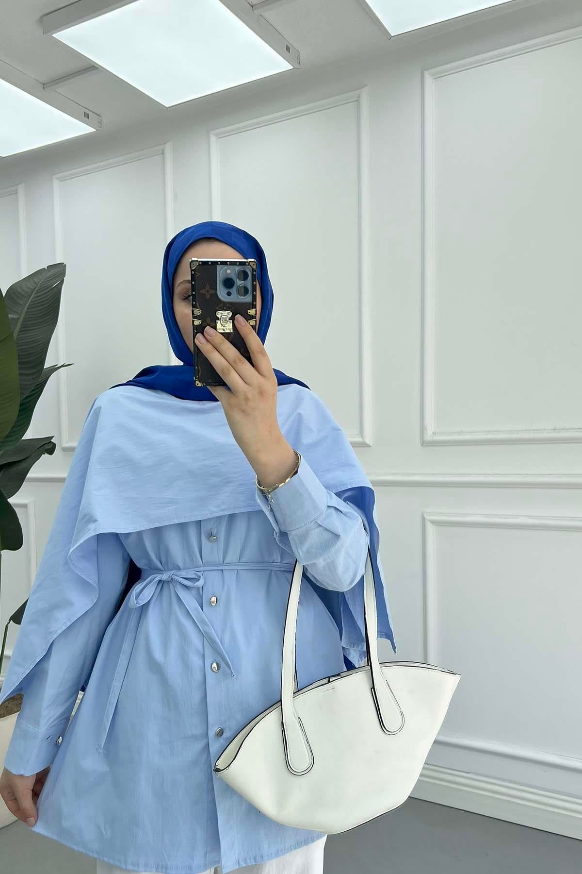 Pelerin Detaylı Kuşaklı Gömlek Bebe Mavi