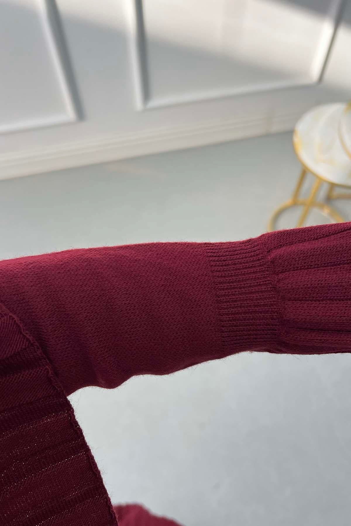 Pelerin Detaylı Pileli Triko Elbise Bordo