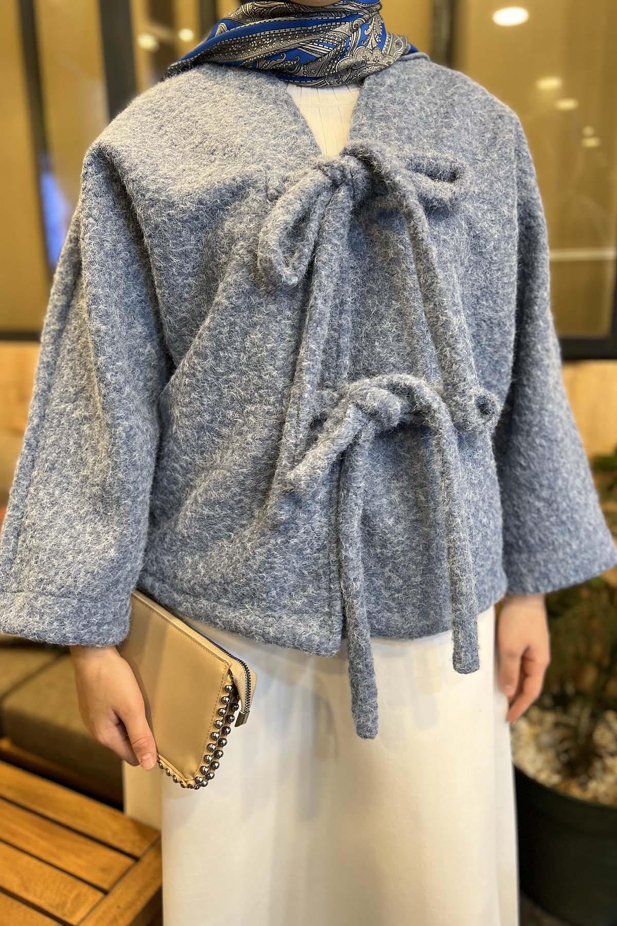 Peluş Bağlamalı Kaban Mavi