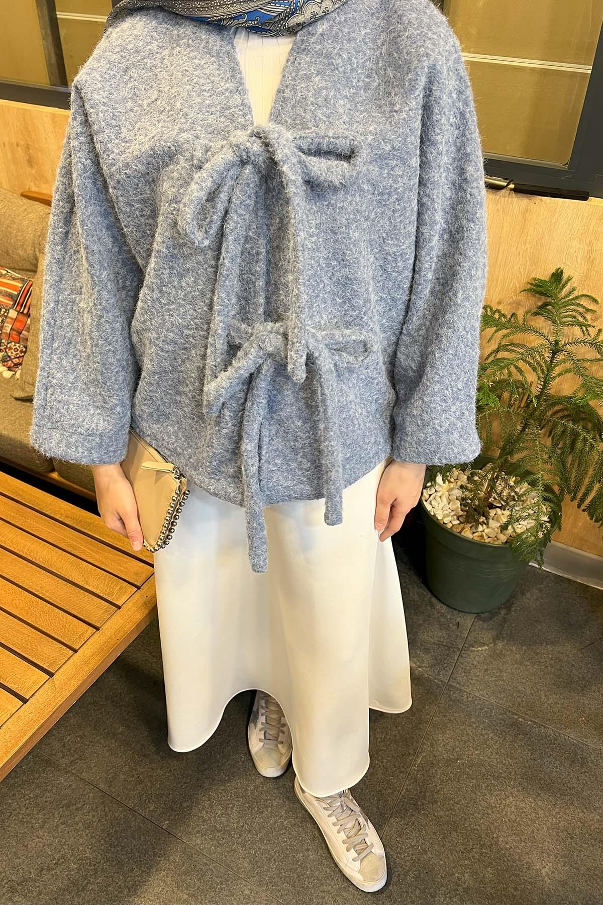 Peluş Bağlamalı Kaban Mavi