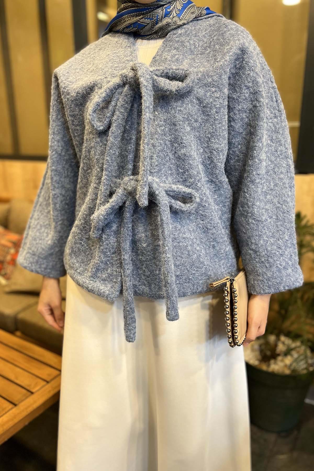 Peluş Bağlamalı Kaban Mavi
