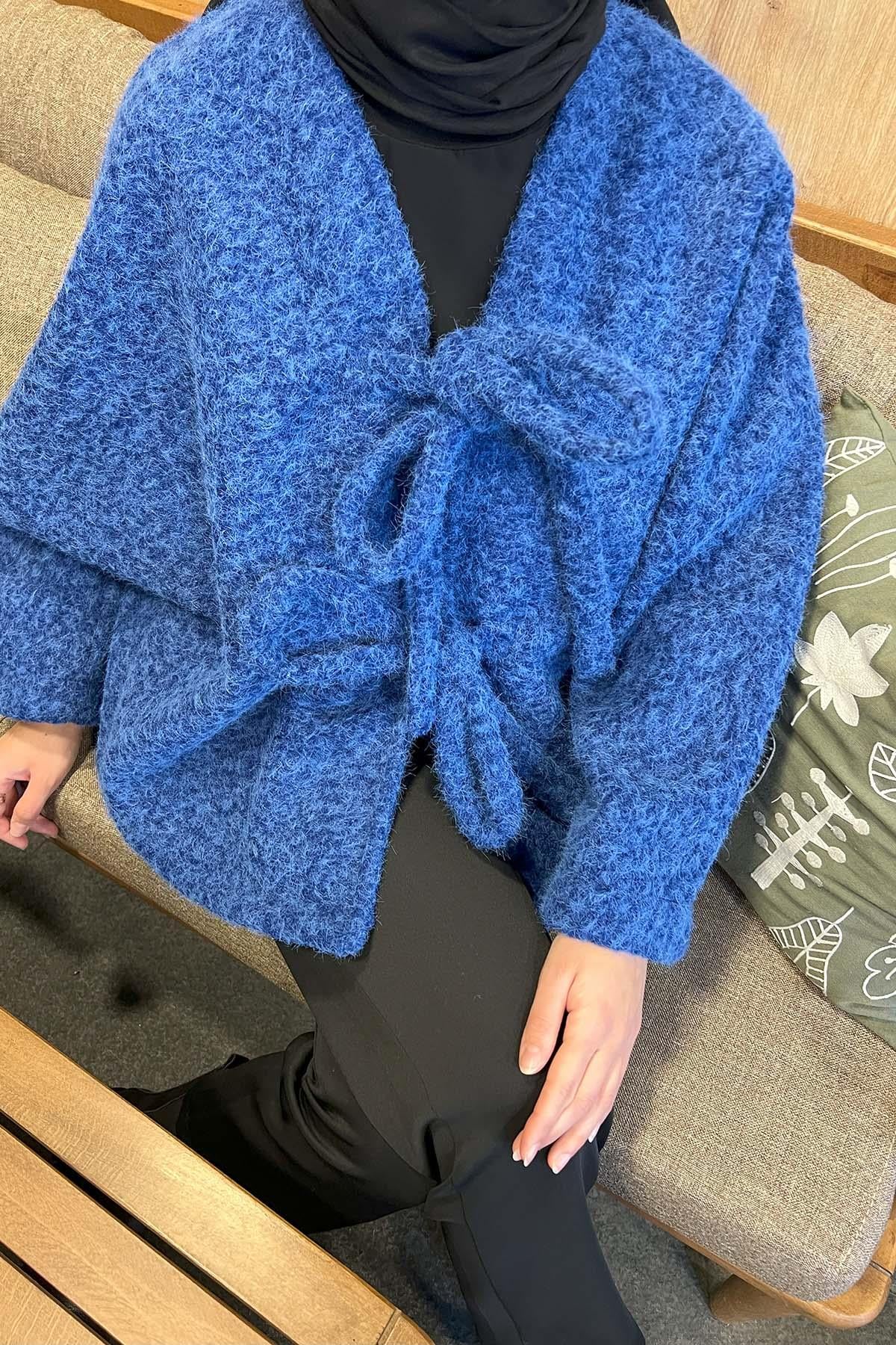 Peluş Bağlamalı Kaban Saks Mavi