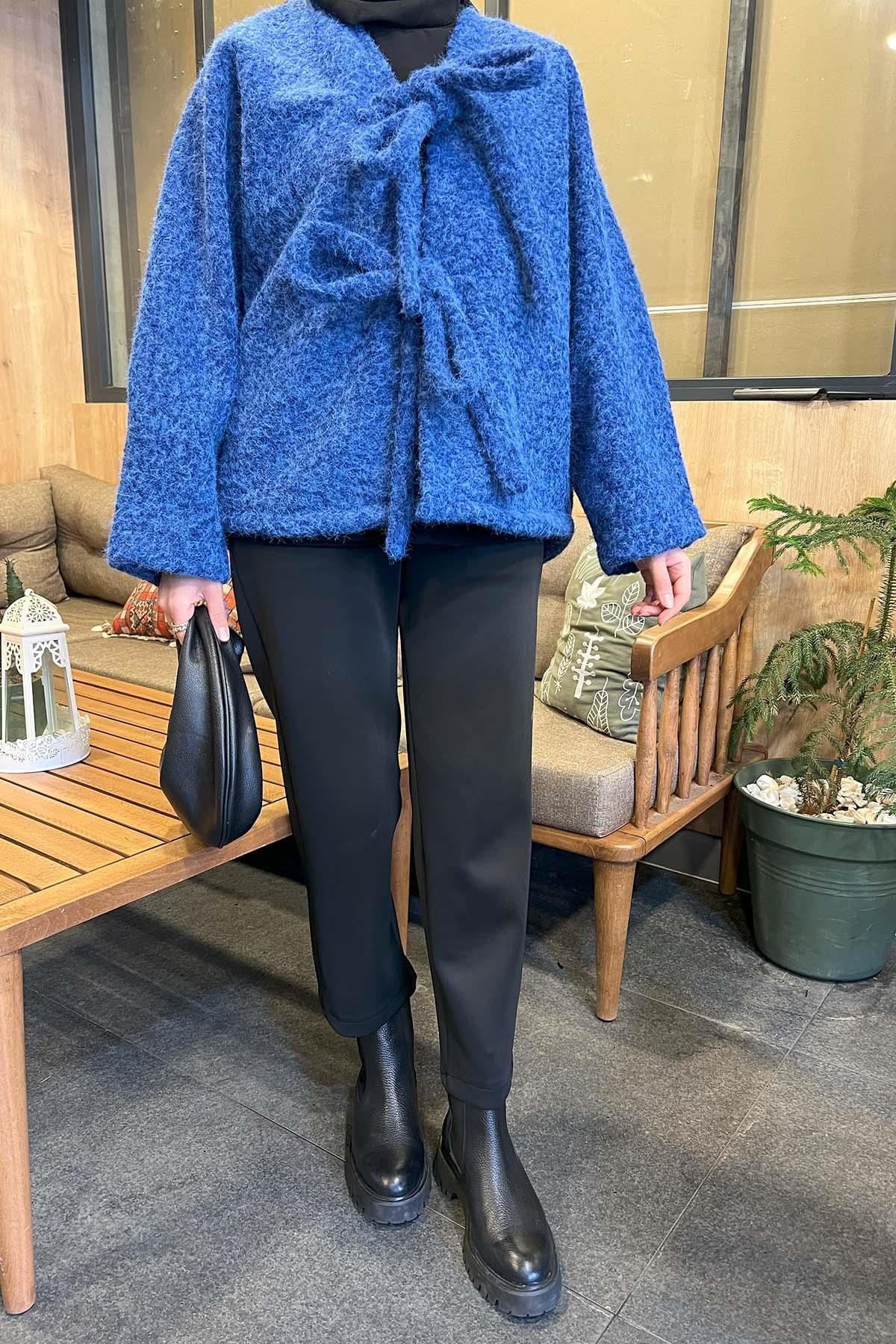 Peluş Bağlamalı Kaban Saks Mavi