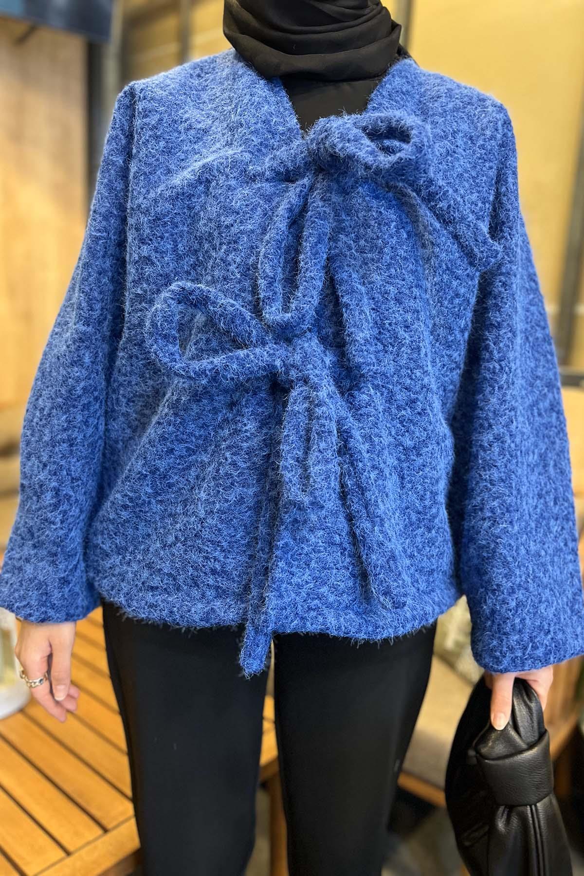 Peluş Bağlamalı Kaban Saks Mavi