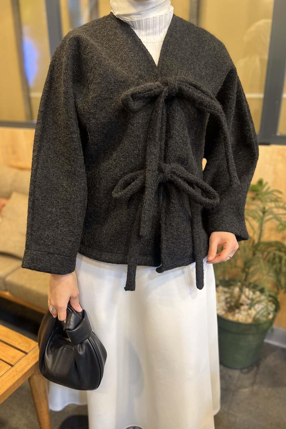 Peluş Bağlamalı Kaban Siyah
