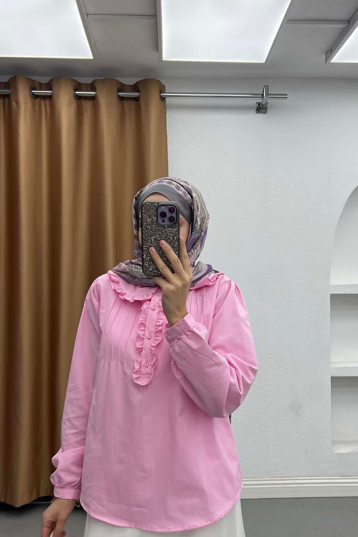Peri Fırfırlı Bebe Yaka Gömlek Pembe
