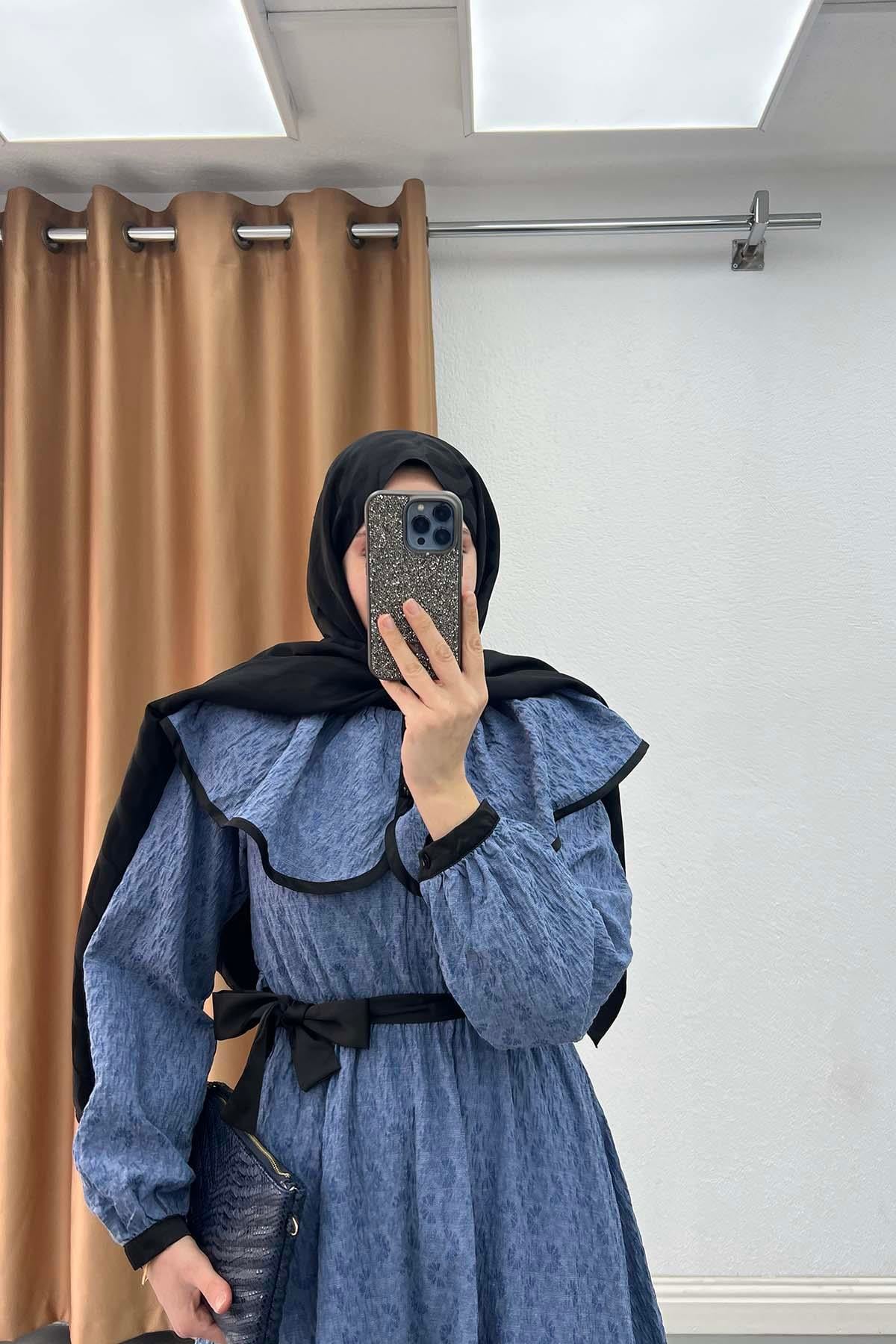 Peri Masalı Bebe Yaka Kemerli Elbise İndigo