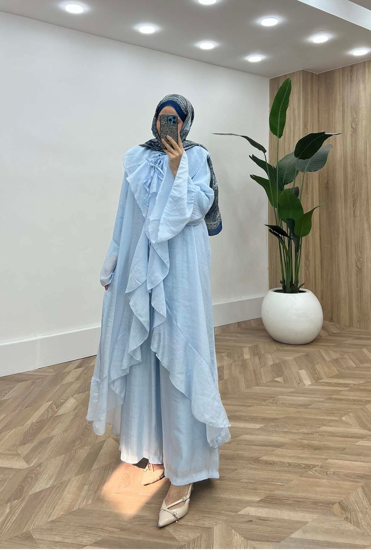 Peri Volanlı Yaka Bağlamalı Kimono Takım Bebe Mavi