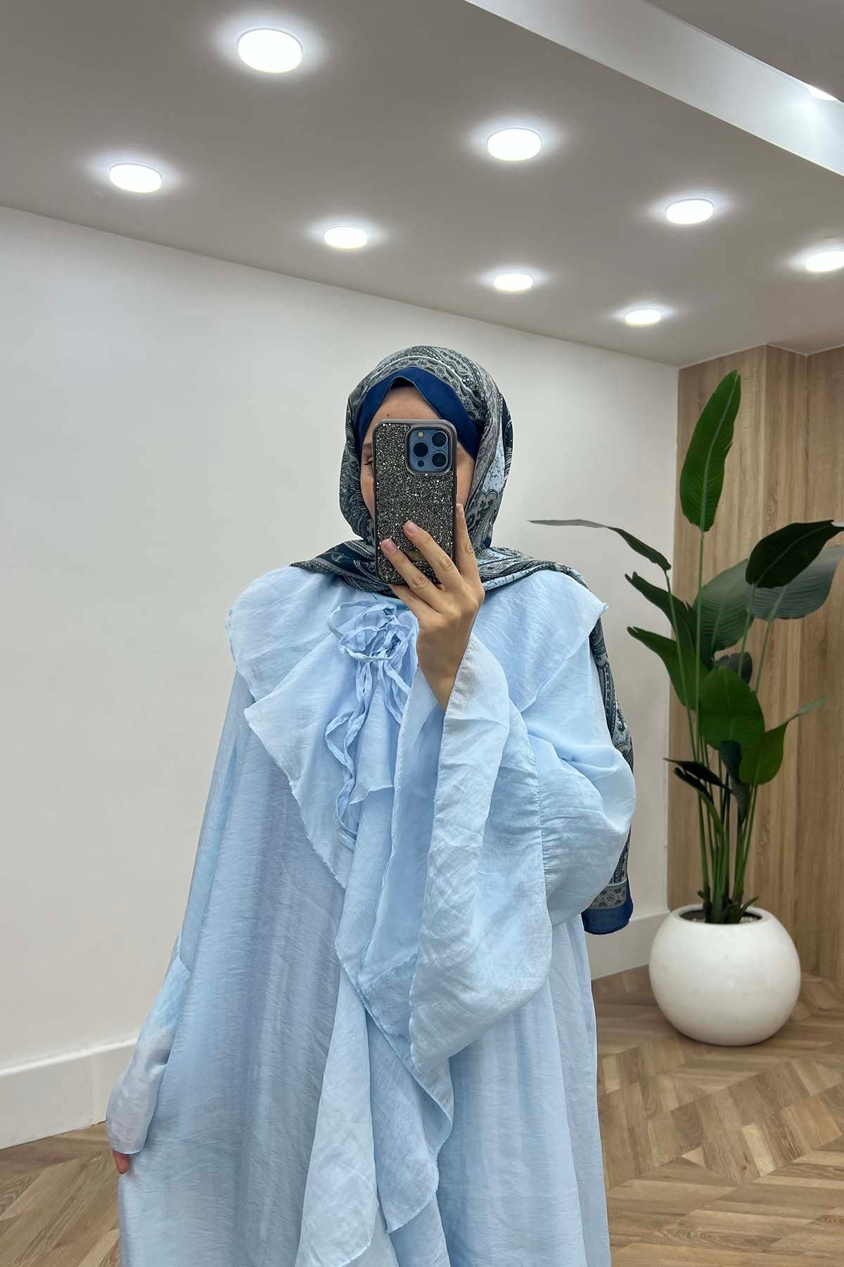 Peri Volanlı Yaka Bağlamalı Kimono Takım Bebe Mavi